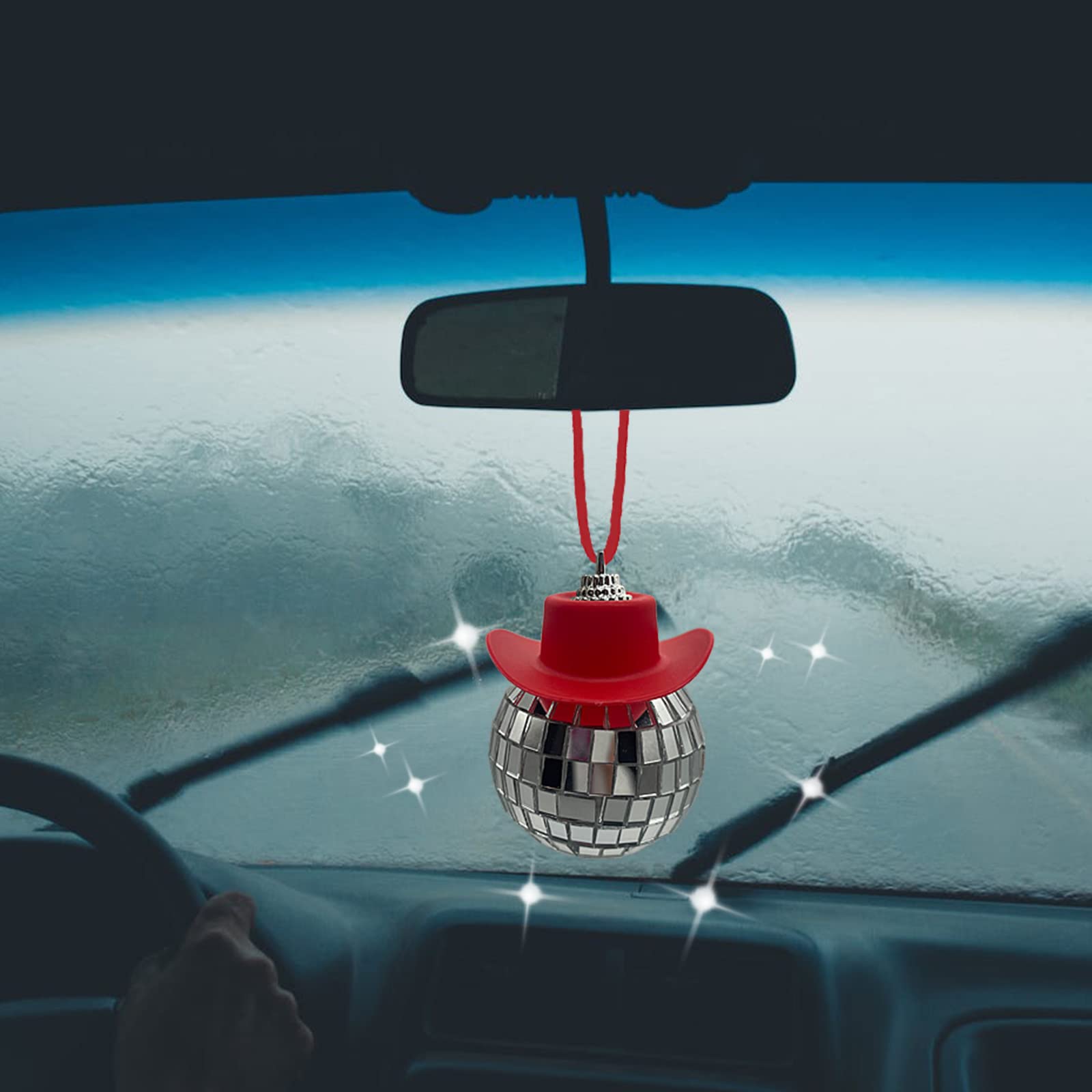 Red Disco Ball Car Mirror Ornament with Cowboy Hat - Fun Car Accessory for Women - Perfect for Road Trips, Parties & Country Music Lovers