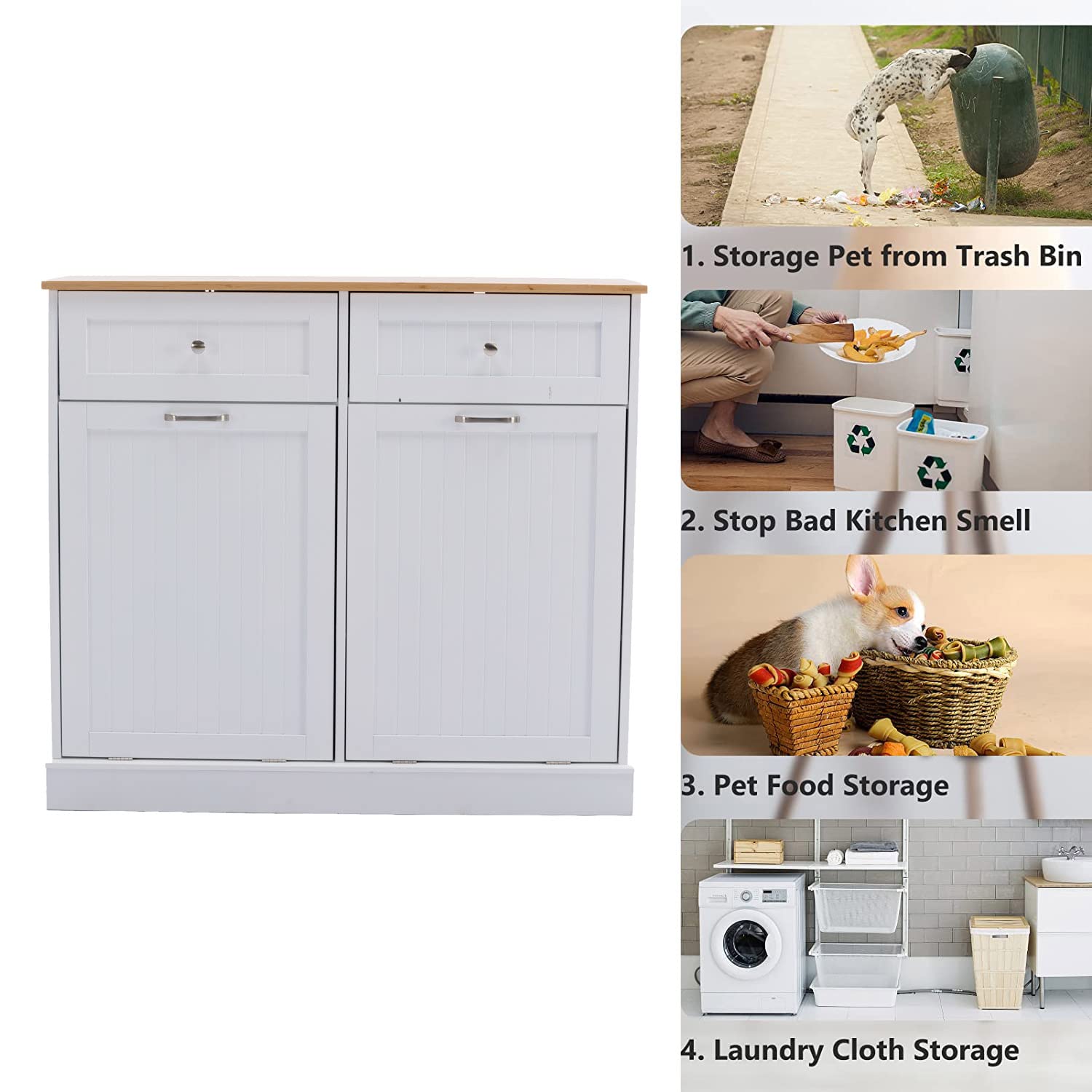 Freestanding Tilt-Out Trash Cabinet with Cutting Board - Pet Proof Kitchen Garbage Recycling Station, Wood Laundry Hamper & Hideaway Trash Holder Drawers (2, White) - Perfect for Small Kitchens, Apartments & Eco-Friendly Homes
