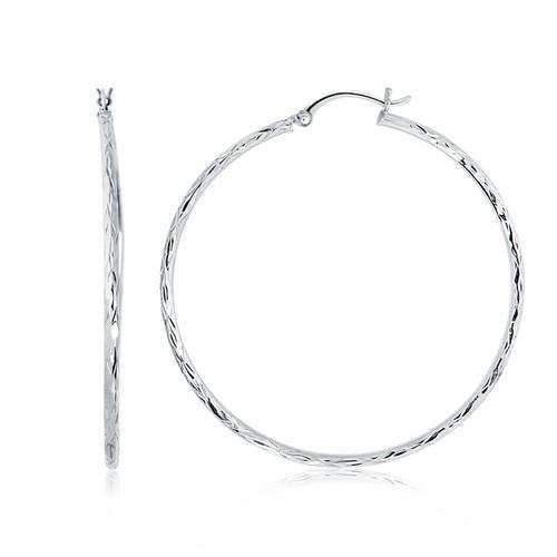 14K White Gold Diamond Cut Hoop Earrings - 1.75