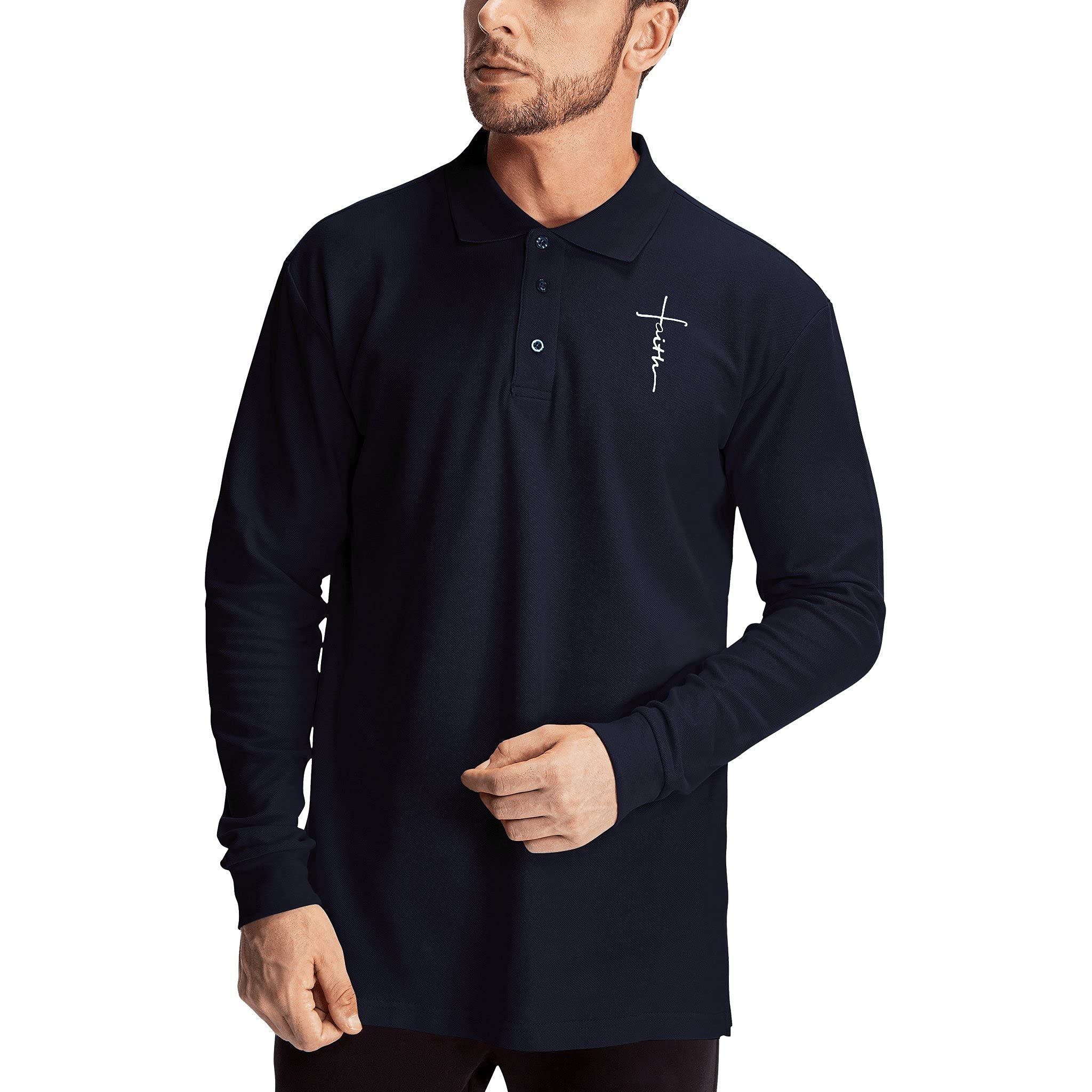 Cross Faith Jesus Cotton Polo T-Shirts for Men - Religious Christian Long Sleeve Summer Shirts - Church Worship & Everyday Casual Wear