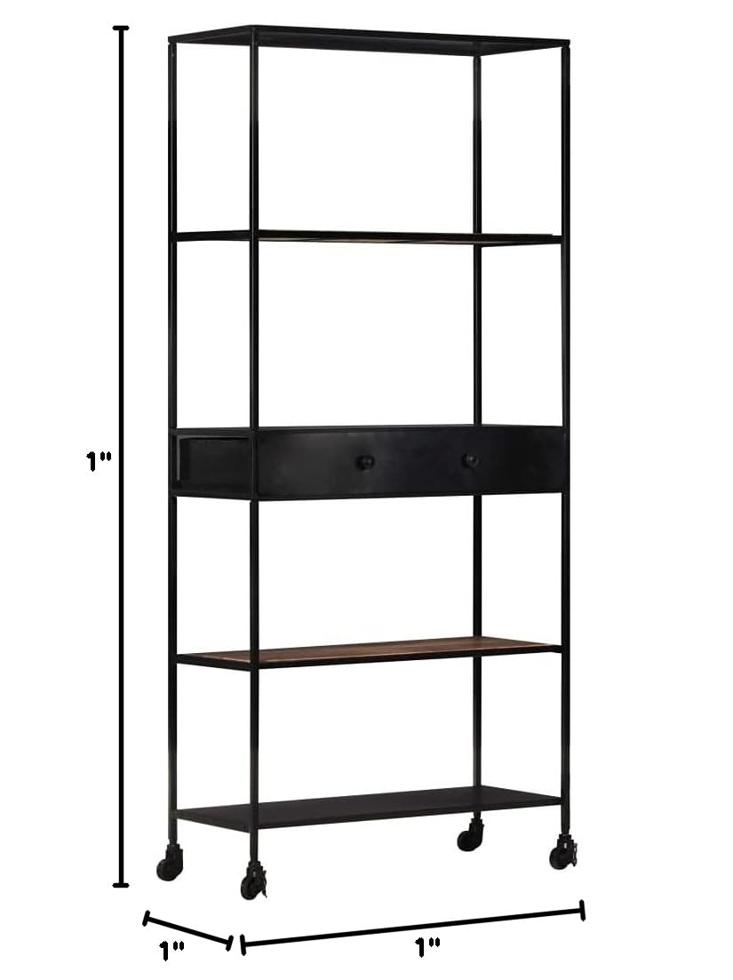 5-Tier Industrial Bookcase with Drawer & Wheels - Wood & Metal Bookshelf, Tall Floor Standing Storage Rack, 35.4