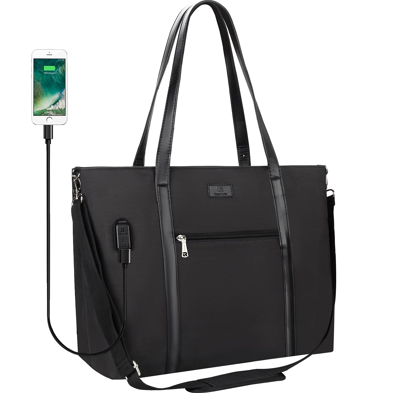 Stylish Waterproof 17.3 Inch Laptop Tote Bag for Women - Durable Nylon Work Bag with USB Charging Port - Perfect for Office, Business Travel & College (Black)