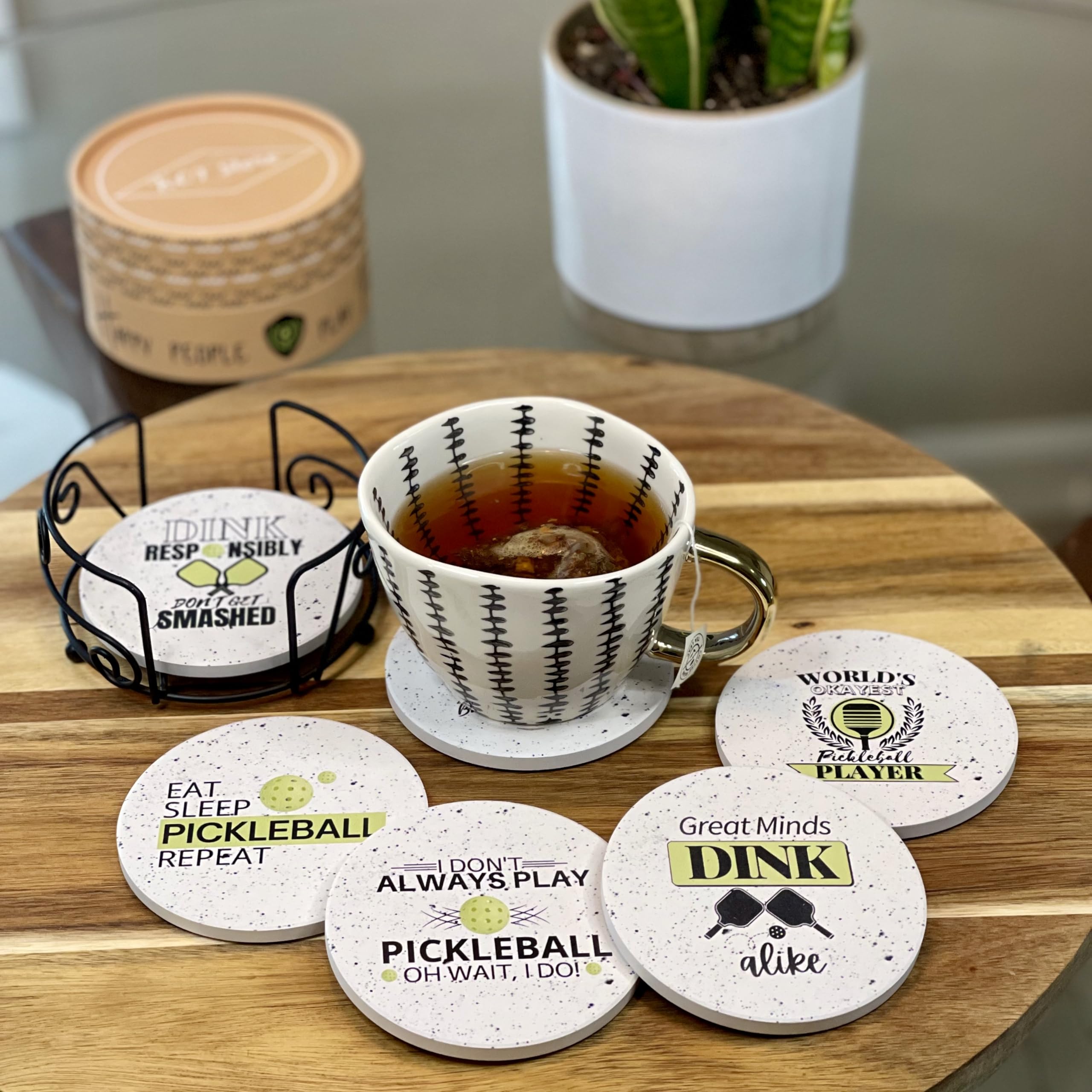 Premium Absorbent Ceramic Coasters Set of 6 with Metal Holder - Elegant Pickleball Gift for Women & Men - Includes Kraft Gift Box - Perfect for Home, Office & Sports Enthusiasts