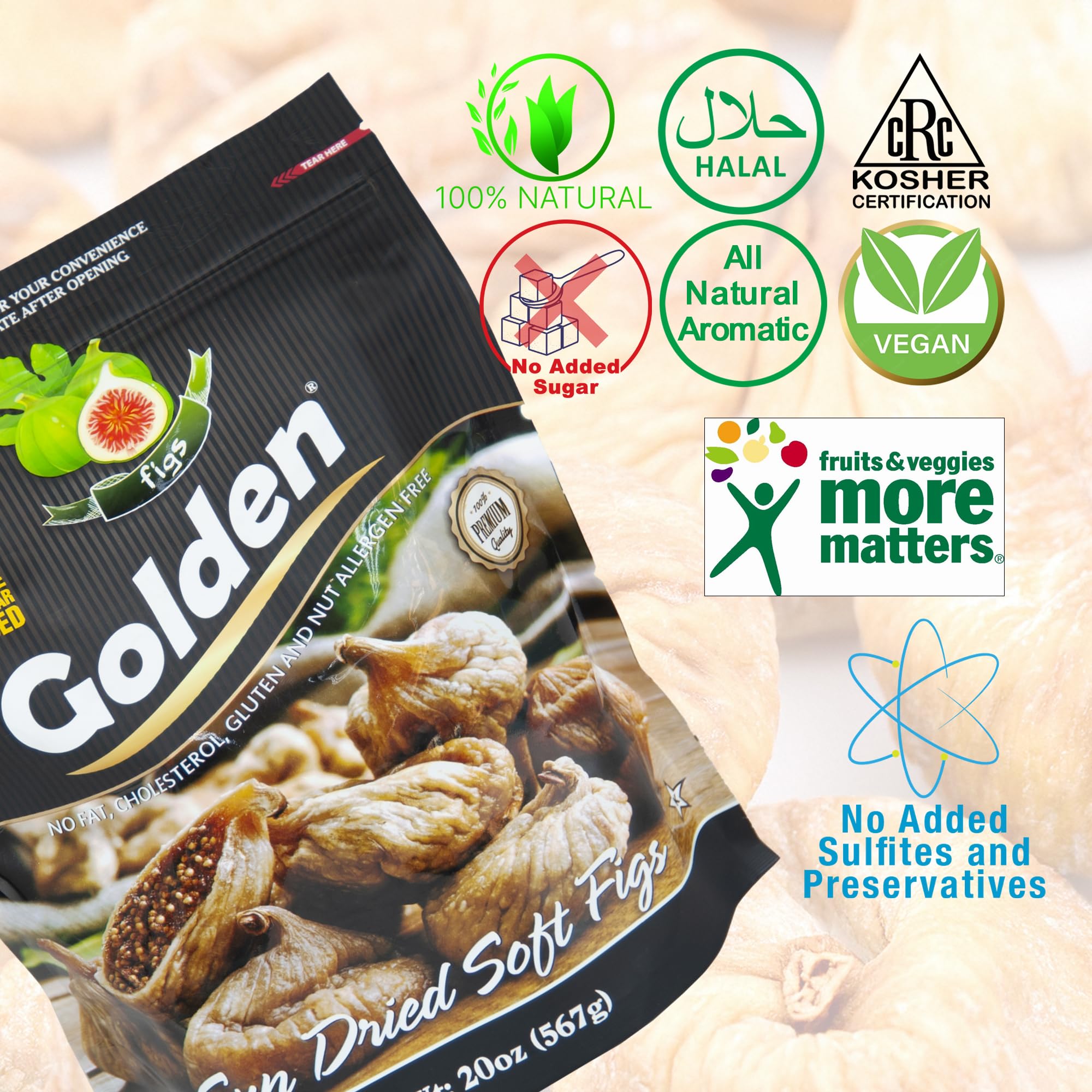 Organic Golden Soft Dried Figs - All Natural Fruit Snacks for Adults & Kids | Nut-Free, Gluten-Free, Allergen-Free | 20oz (1.25lb) | Perfect for Lunchboxes, Baking & Healthy Snacking