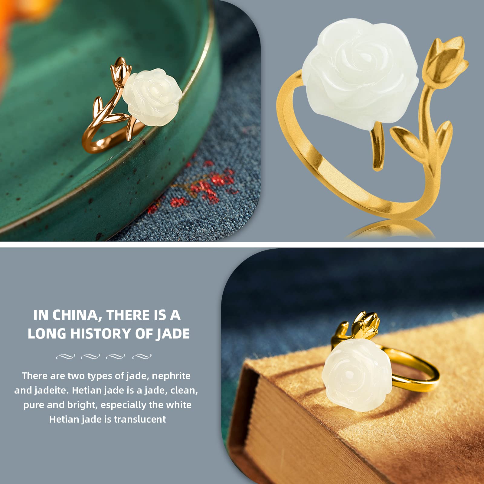 925 Sterling Silver Adjustable Open Wrap Rose Ring for Women - Gold Plated Rose Flower with Jade Gemstone, Vintage Handmade Jewelry Gift for Mom, Birthday, Anniversary & Special Occasions