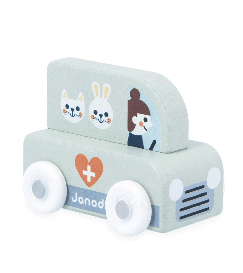Janod Mountain Valley Wooden Veterinary Truck Toy - Kids Pretend Play Vet Clinic Set, Animal Rescue Vehicle for Toddlers & Preschoolers | Perfect for Imaginative Play, Early Learning & Role-Playing Scenarios