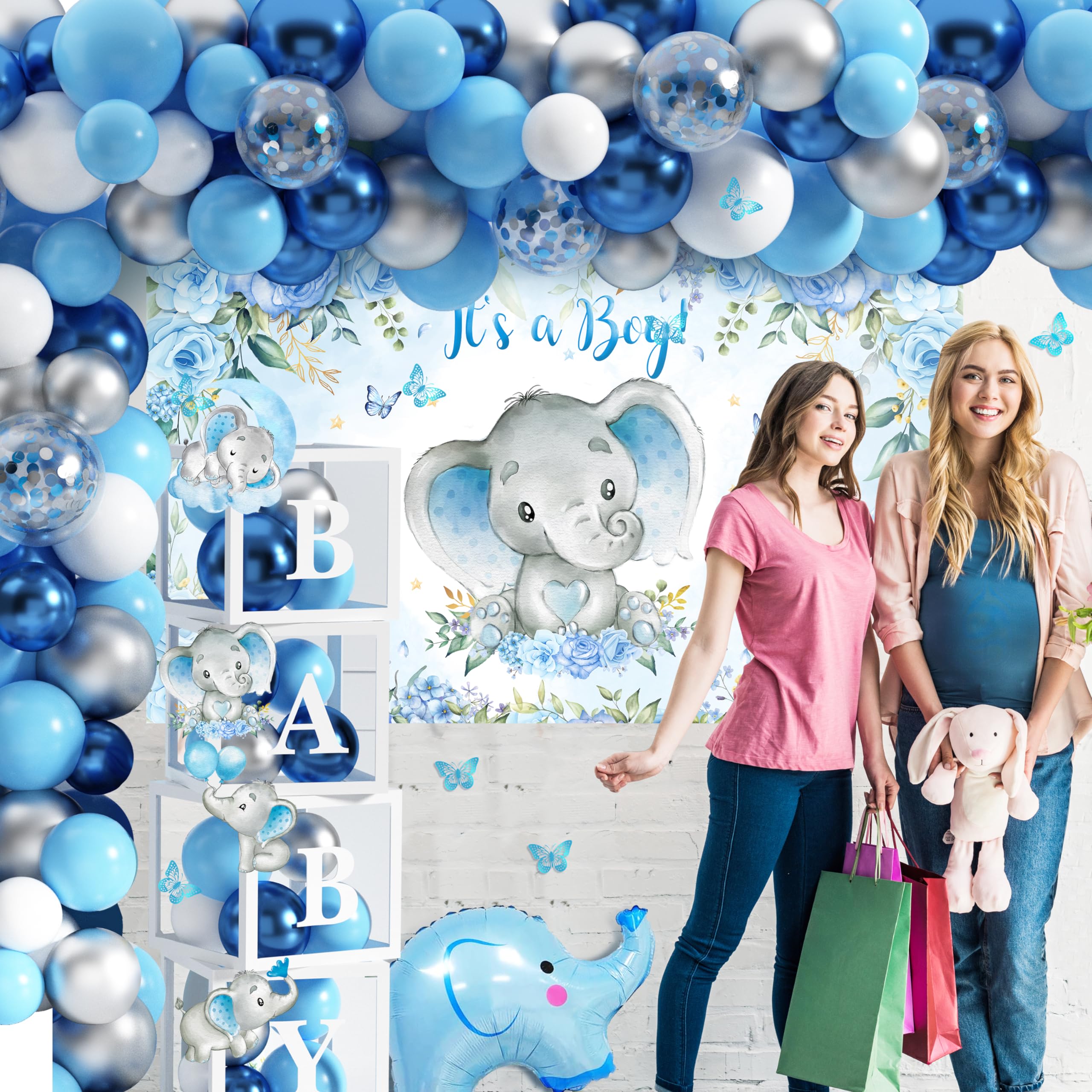 Adorable Elephant Baby Shower Decorations for Boys - Elephant Theme Birthday Party Supplies with Balloon Garland, Backdrop, Tablecloth & Cake Toppers | Perfect for Baby Shower, Gender Reveal & Nursery Decor