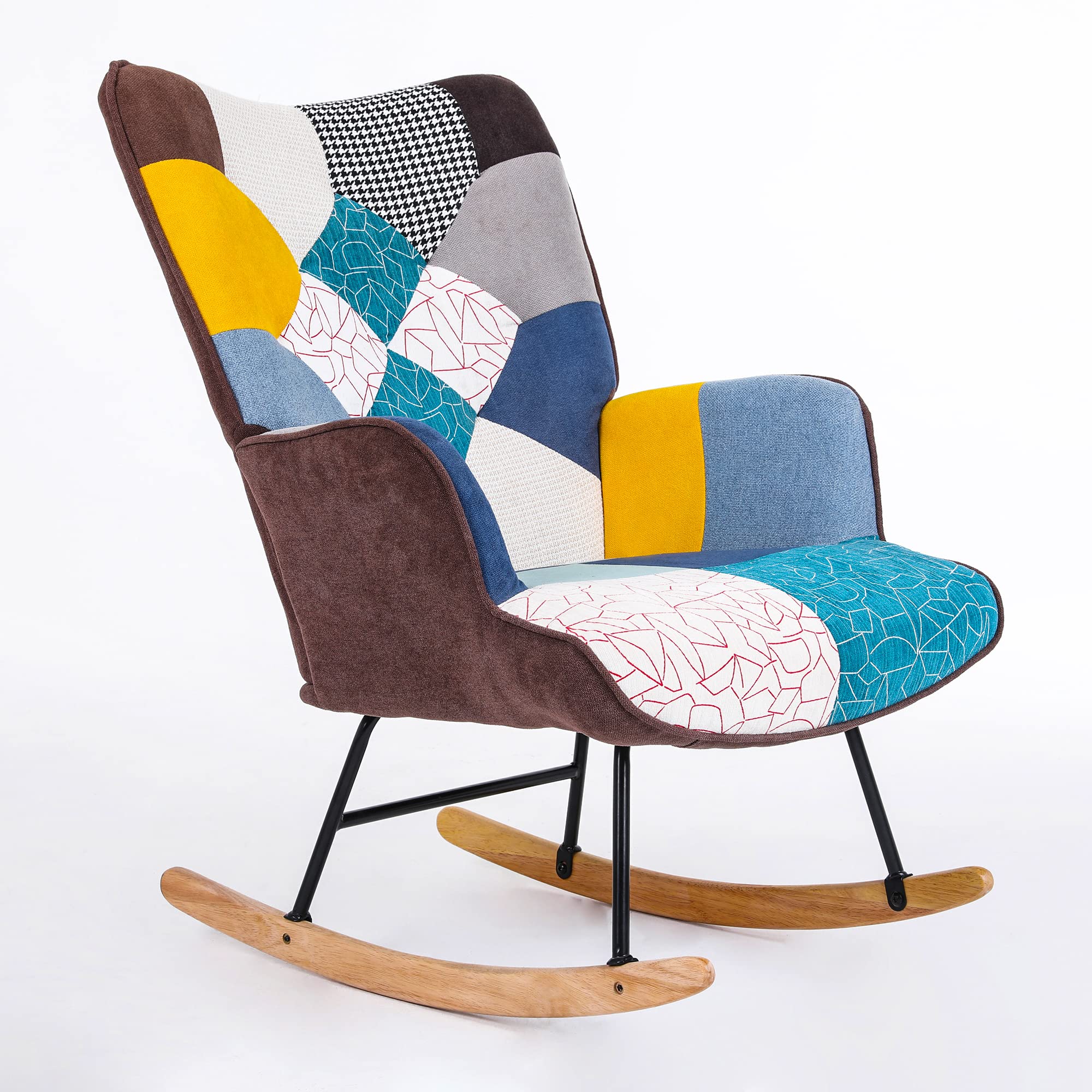 HomVent Patchwork Rocking Chair - Linen Upholstered Armchair with Padded Seat & Wood Base - Modern Accent Rocking Chair for Living Room, Nursery, or Home Studio - Perfect for Relaxing, Reading & Decor (Colorful)