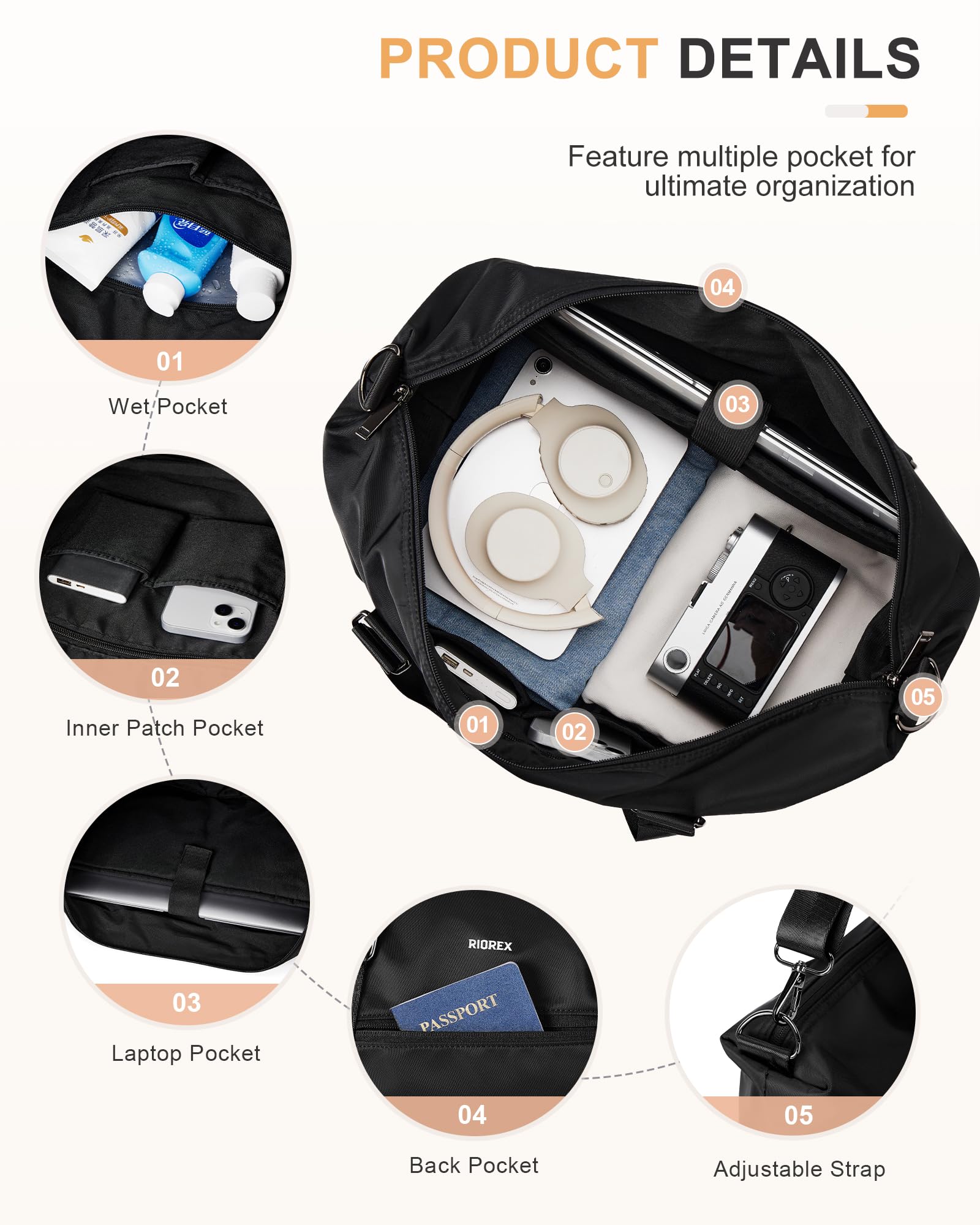 **Women's Waterproof Travel Duffel Bag - Gym Sports Bag with Wet Pocket, Overnight Weekender & Carry-On Tote - Perfect for Workouts, Travel & Weekend Getaways (Black)**