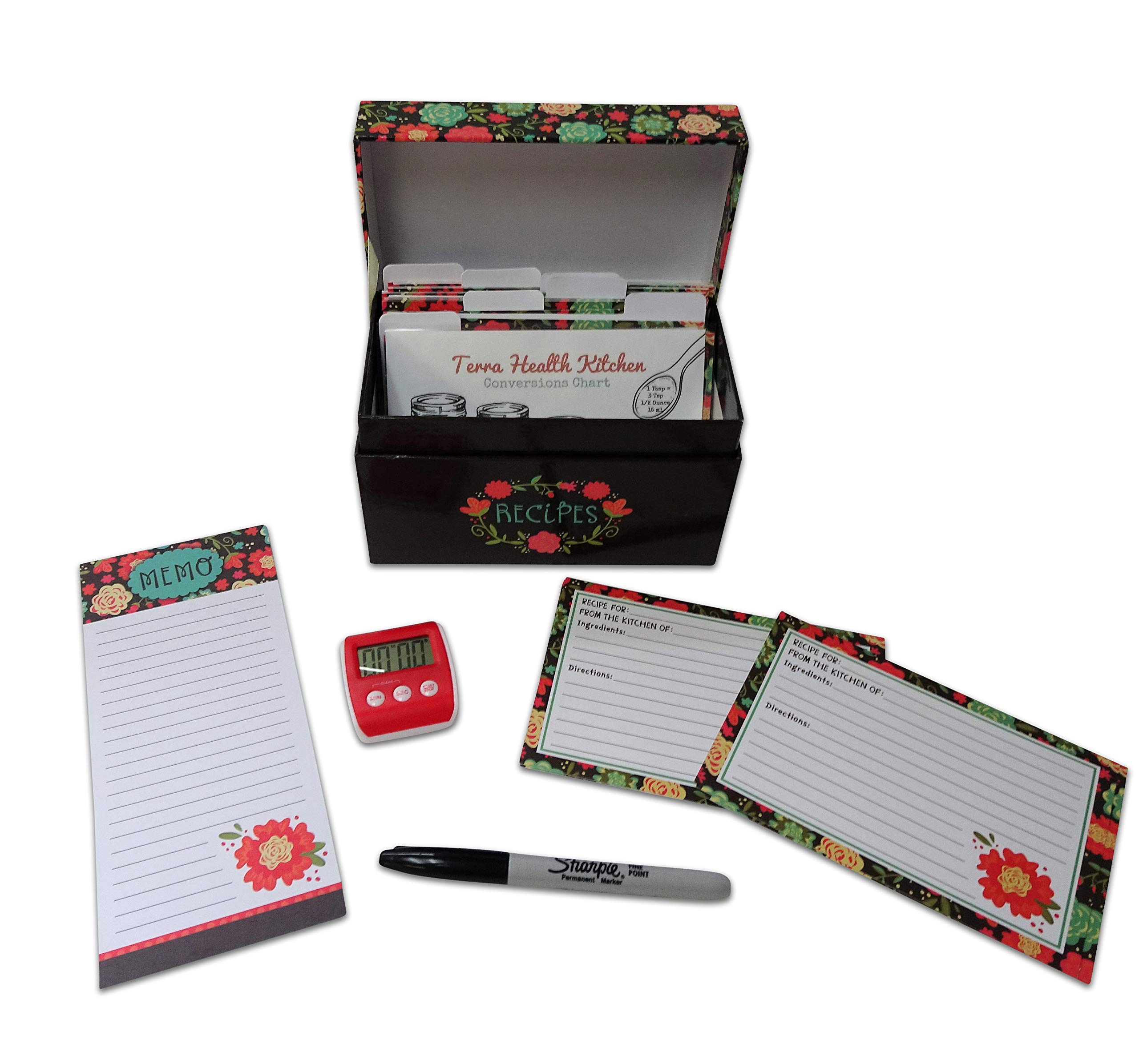 100+ Piece Recipe Box Set with Recipe Cards, Memo Pad, Kitchen Timer & Conversion Chart - Floral Design for Organized Cooking & Baking | Perfect Gift for Home Chefs & Food Lovers