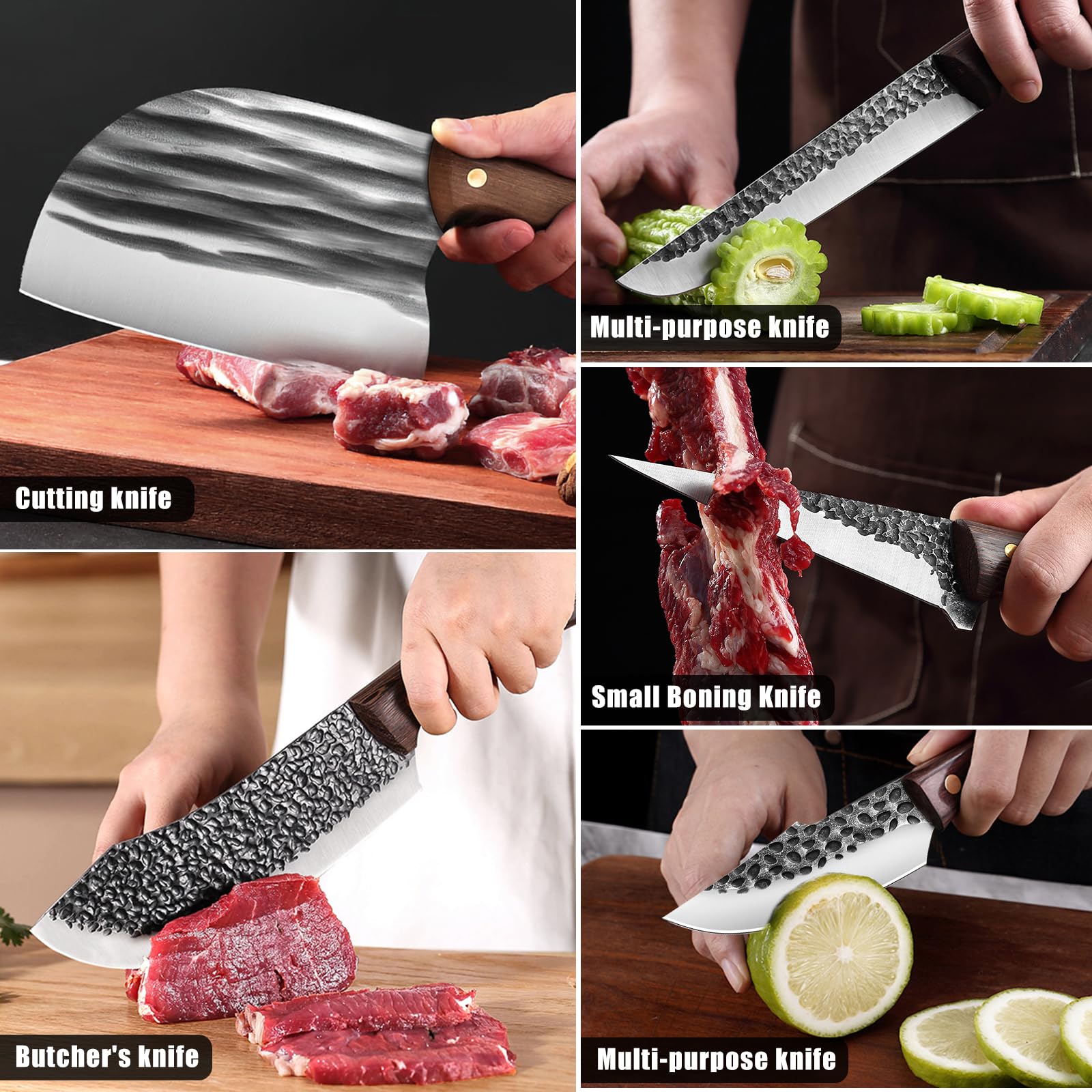 Premium 8-Piece Butcher Knife Set with Roll Bag - Professional Chef Knives for Meat Cutting, Viking Cleavers with Ergonomic Handles - Hand Forged Stainless Steel Kitchen Knife Set for Home Cooking, BBQ, Camping & Outdoor Adventures