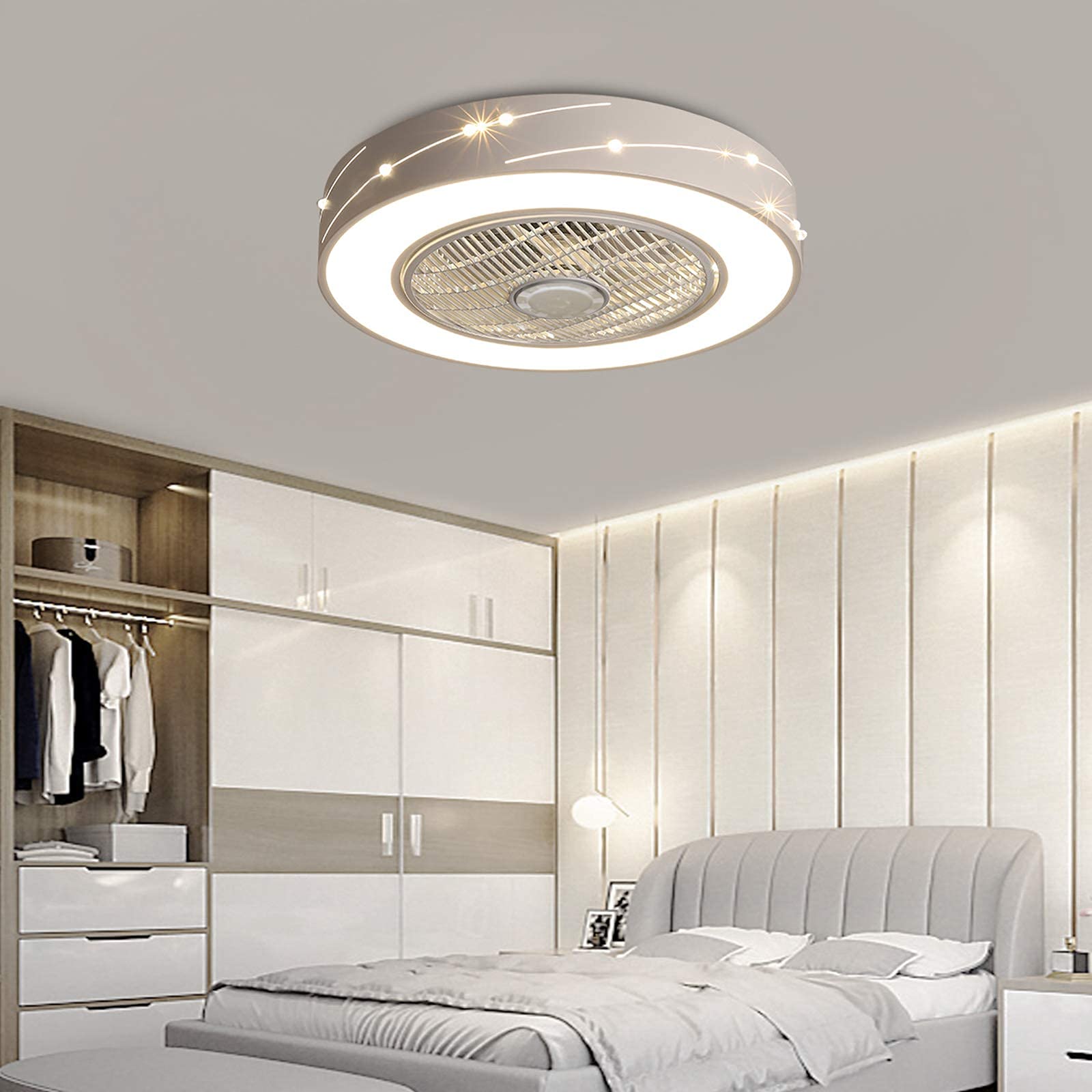 21.6 Inch Modern LED Ceiling Fan with Light - 32W Remote Control, Dimmable, Timer Function, Low Profile Enclosed Design - Perfect for Living Room, Bedroom & Home Office (White)