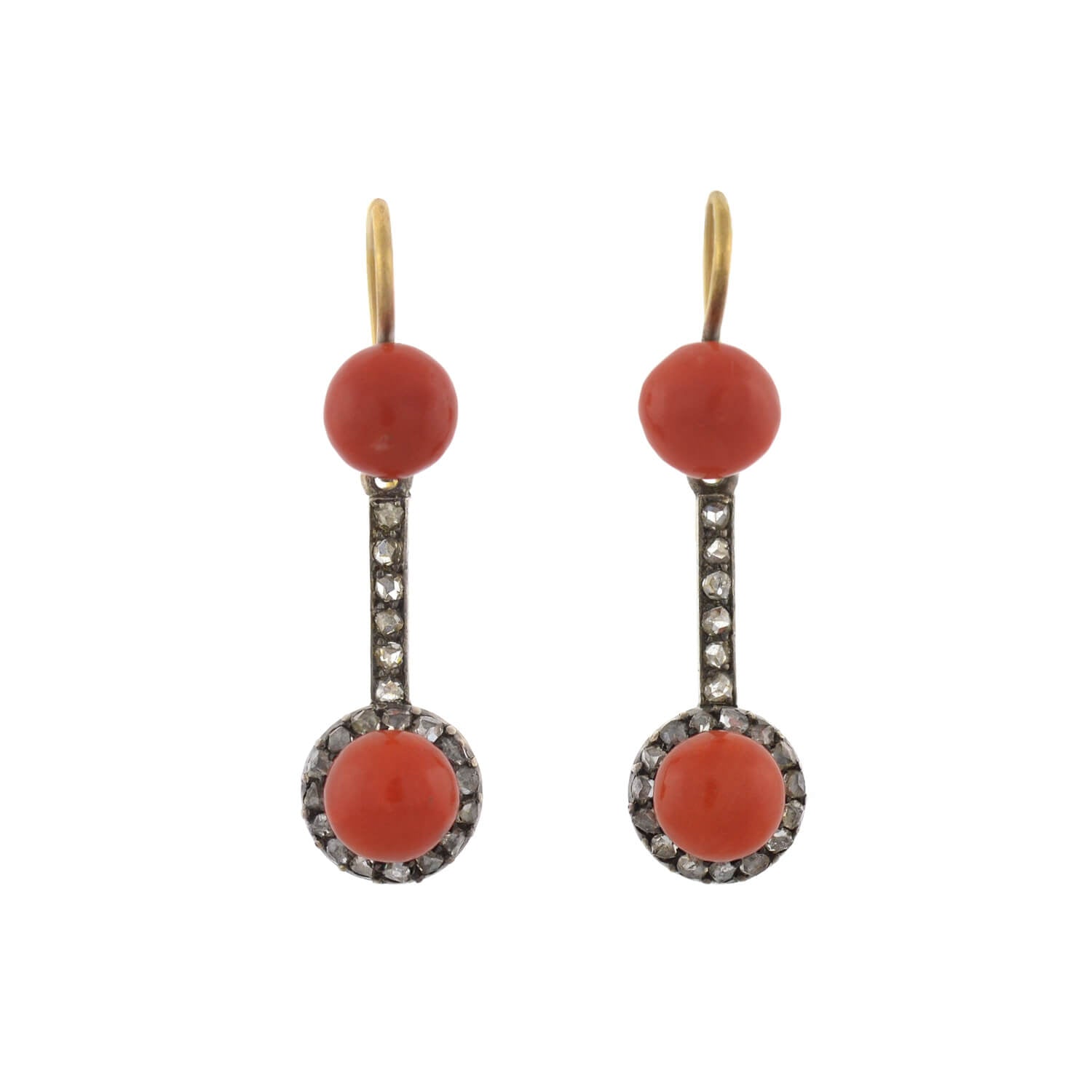 Victorian Style 15kt Gold & Sterling Silver Natural Coral Rose Cut Diamond Earrings for Women - Elegant Vintage Jewelry for Weddings, Parties & Special Occasions