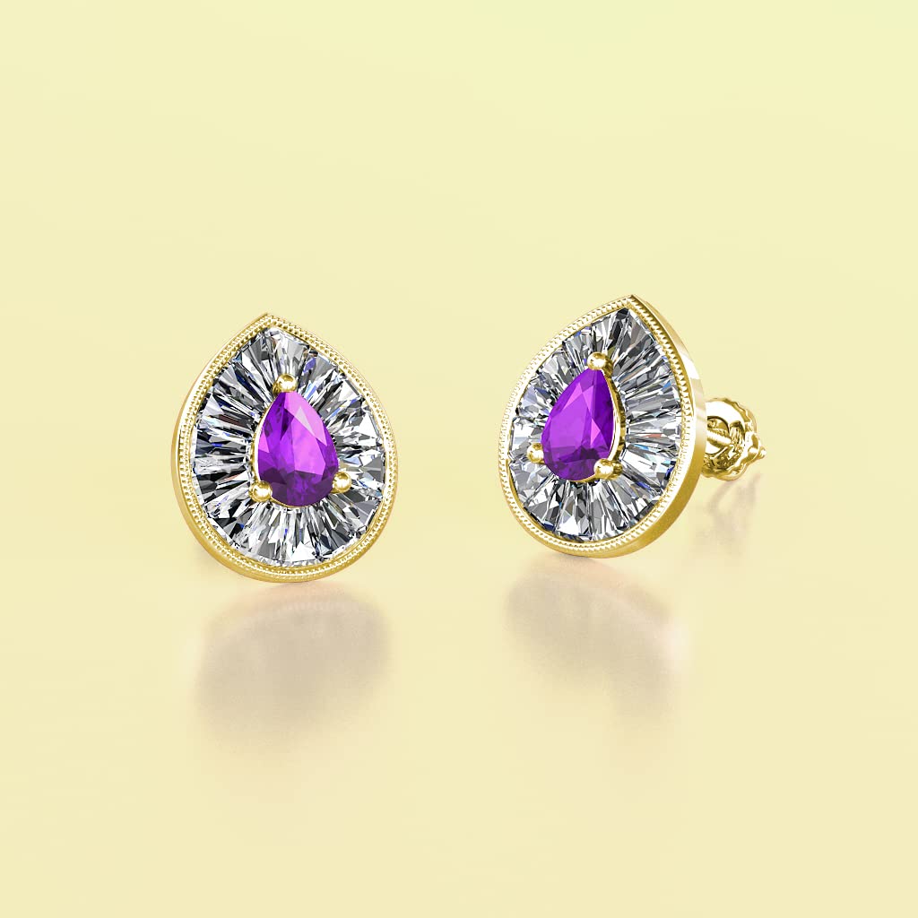 Pear Cut Amethyst & Natural Diamond Halo Stud Earrings for Women - 1 1/8 ctw, 14K Gold Milgrain Detail - Perfect for Weddings, Date Nights & Special Occasions