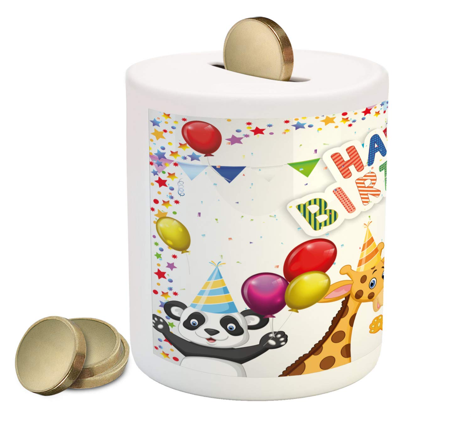 Ambesonne Ceramic Piggy Bank - Cartoon Savannah Jungle Animals Birthday Party Design with Flags & Balloons - 3.6