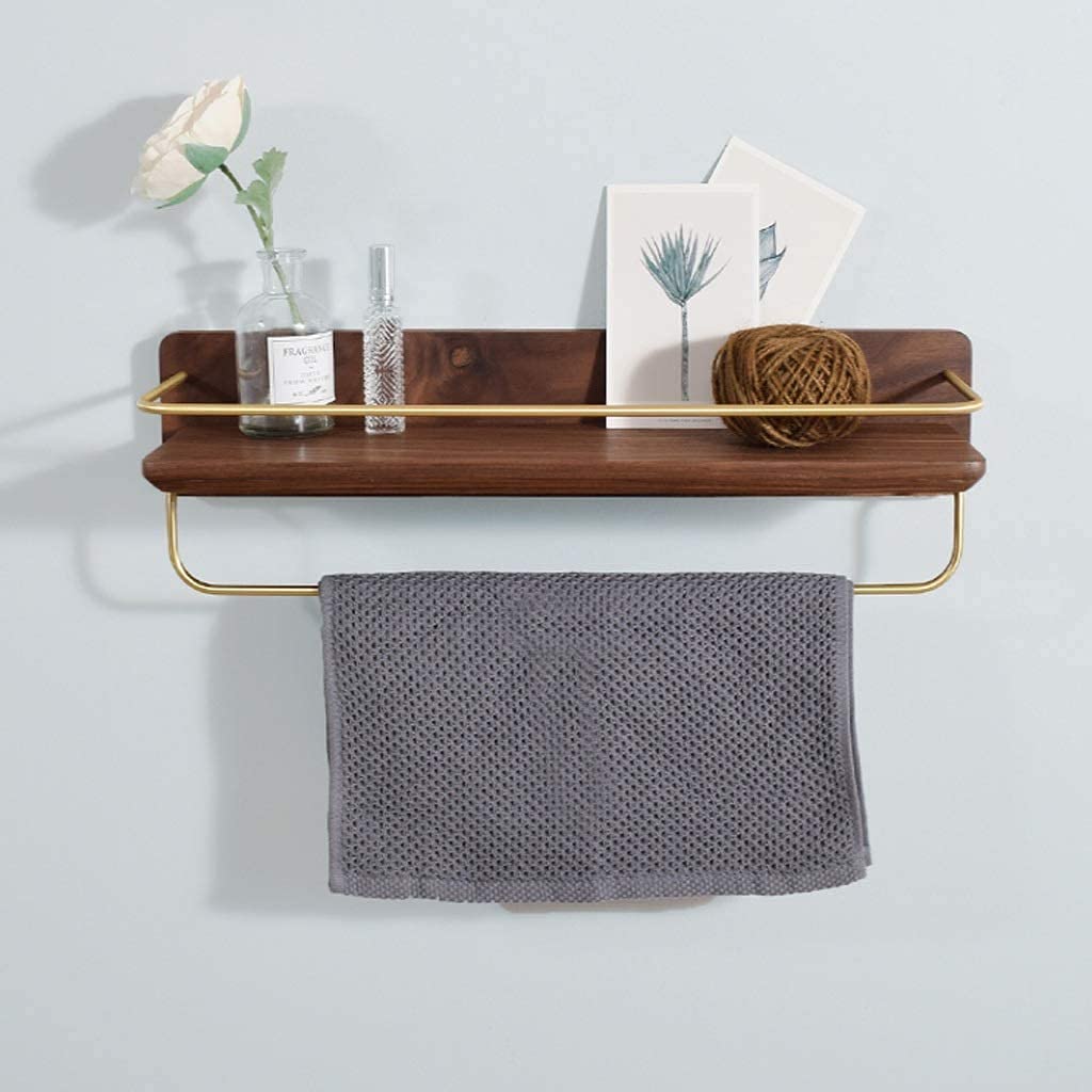 Black Walnut Towel Bar with Brass Double Bar - Wall Mounted Bathroom Towel Rack & Storage Shelf | Space Saving Hanger for Small Bathrooms & Spa Style Decor