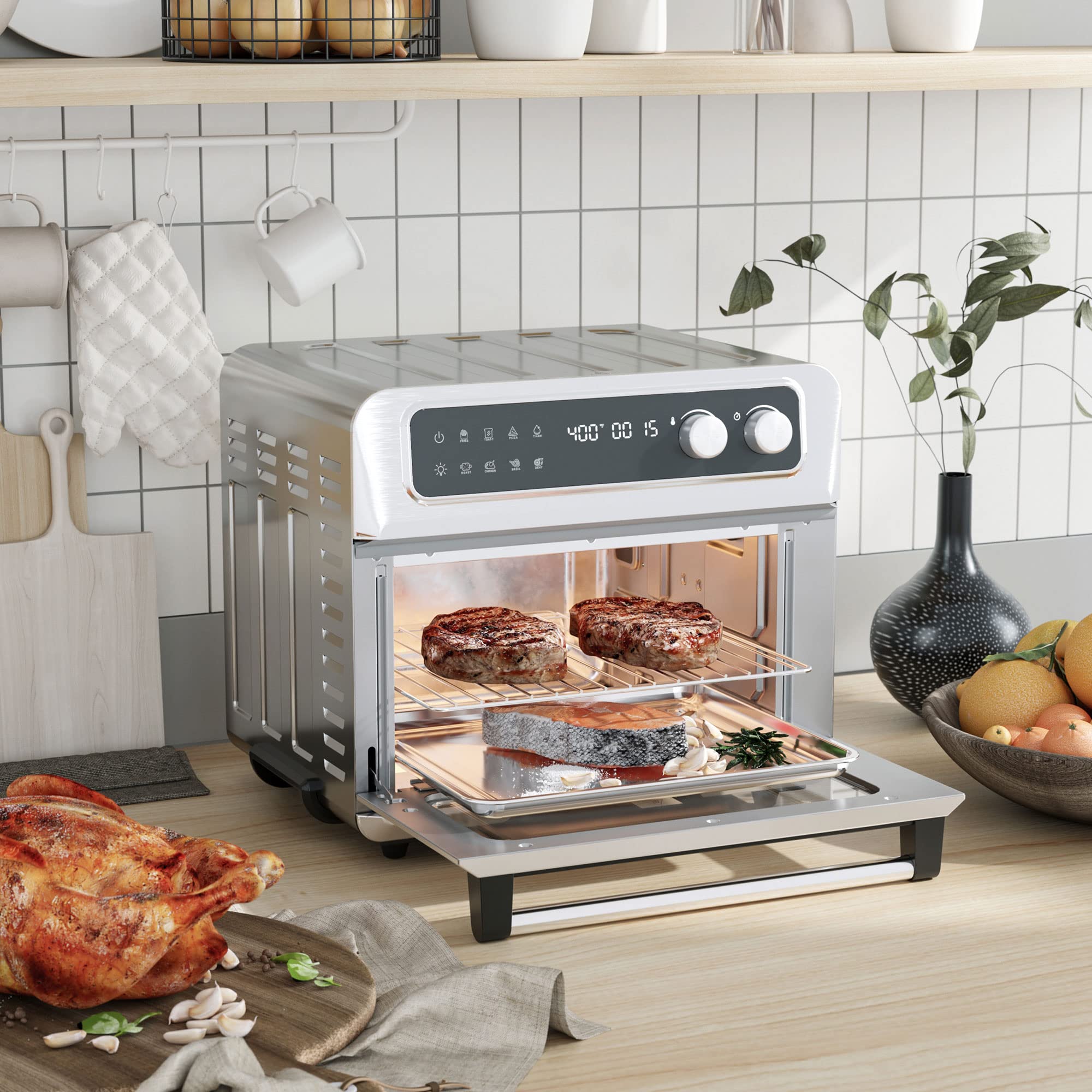 HOMCOM 21QT 8-in-1 Air Fryer Toaster Oven with Convection, Broil, Toast, Dehydrate & Thaw Functions - 1800W Stainless Steel Countertop Oven with Accessories - Perfect for Baking, Roasting & Healthy Air Frying at Home