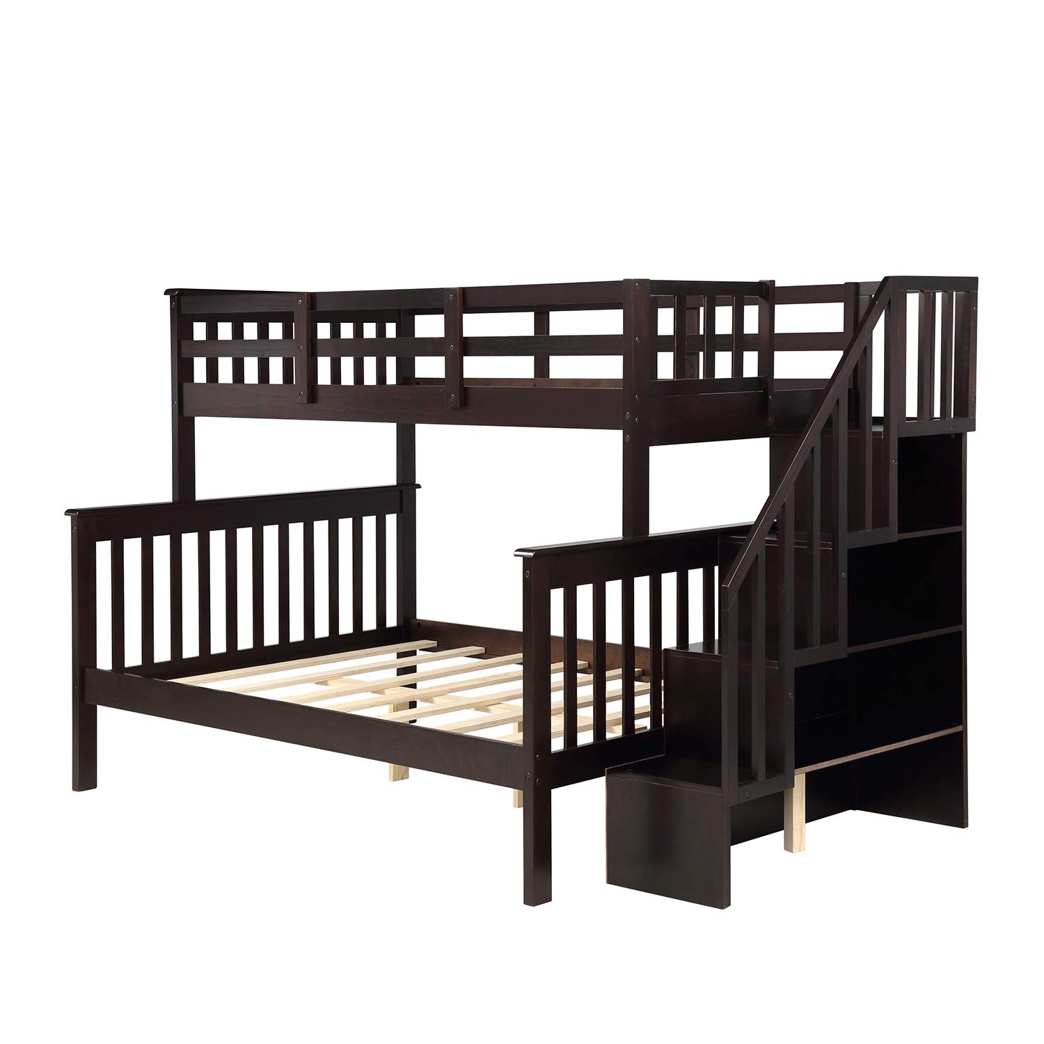 Rhomtree Twin Over Full Bunk Bed with Stairs & 4 Storage Shelves - Espresso Wood Loft Bed for Kids & Guests | Space-Saving Bedroom Furniture for Small Rooms & Sleepovers