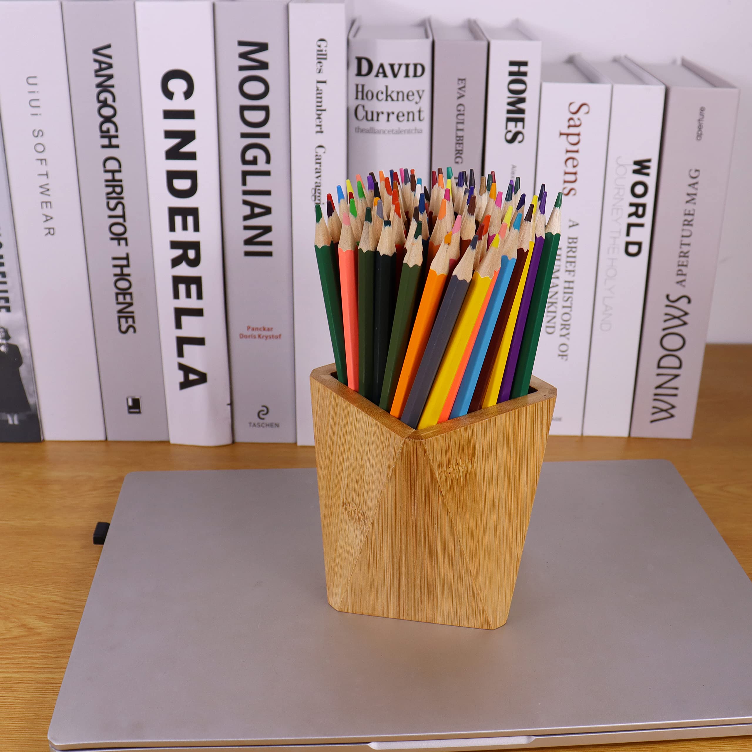 Bamboo Pen Holder & Pencil Organizer - Geometric Design Desk Storage Cup for Pens, Markers, Gel Pens - Perfect for Home Office, School & Students (Ideal for Desk Organization & Stationery Storage)