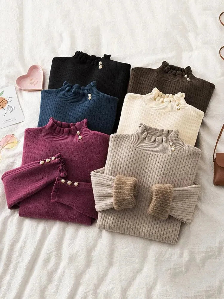 Elegant Winter Ruffled Mock Neck Sweater for Women - Cozy Knit Pullover for Casual Outfits & Holiday Gatherings