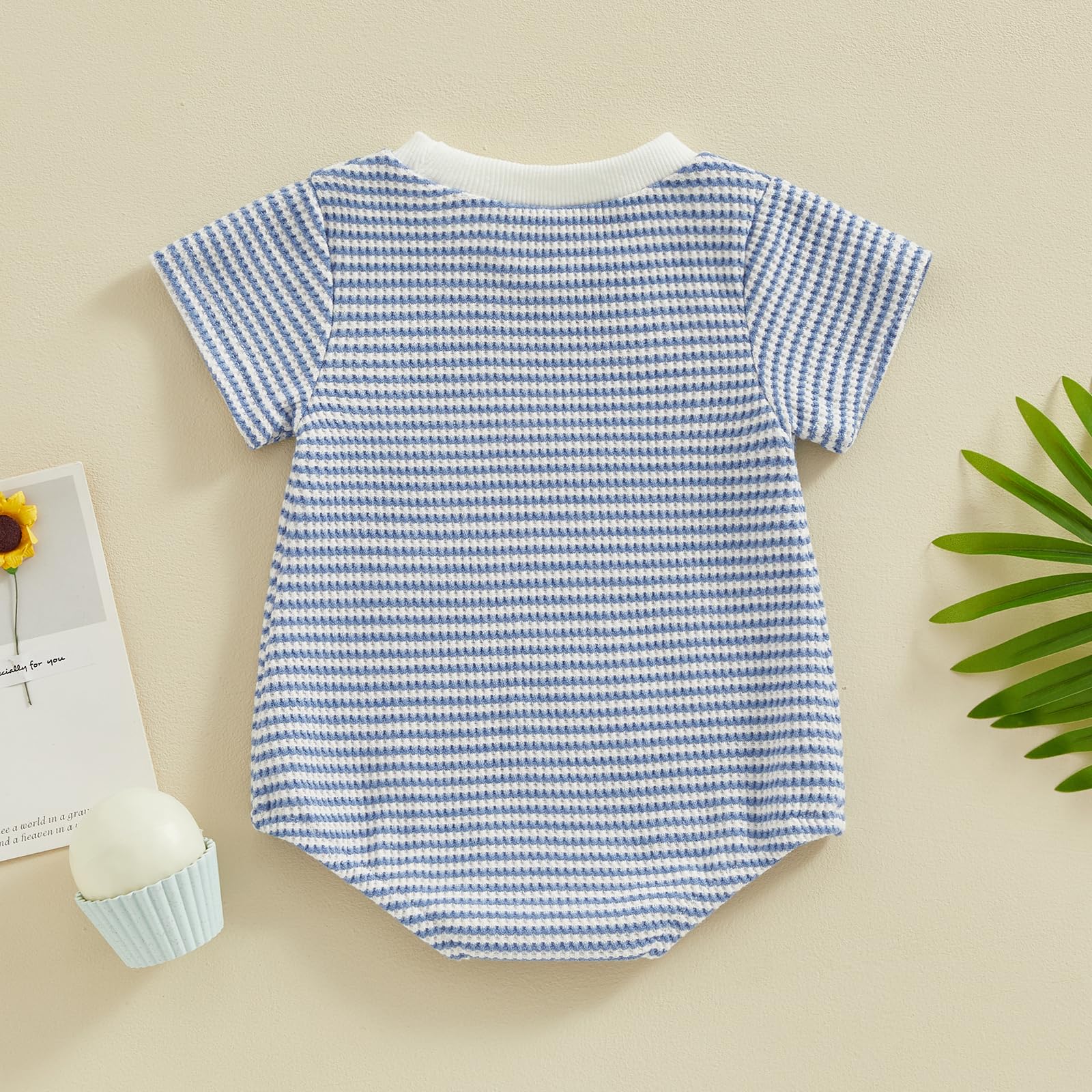 VISGOGO Unisex Baby Striped Romper - Waffle Short Sleeve Bubble Oversized Bodysuit Onesie for Boys & Girls | Perfect for Summer Outfits, Playdates, and Photo Shoots