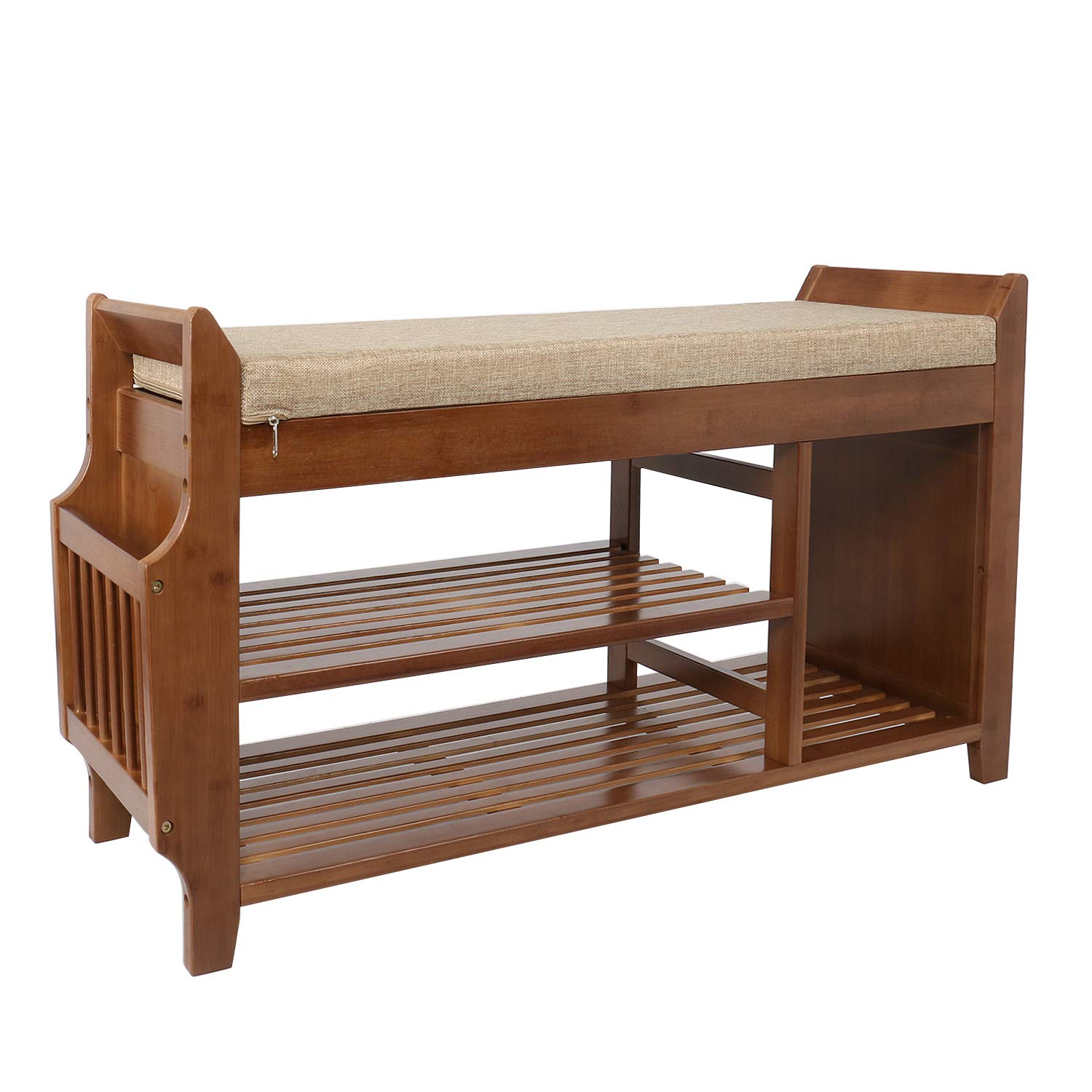 YUSING 2-Tier Bamboo Shoe Rack Bench with Removable Cushion - Entryway Shoe Storage Organizer with Hidden Drawer & Umbrella Stand - Space Saving Shoe Shelf for Bedroom, Living Room, Bathroom (Large) - Perfect for Small Spaces, Apartment Entryways & Closet Organization