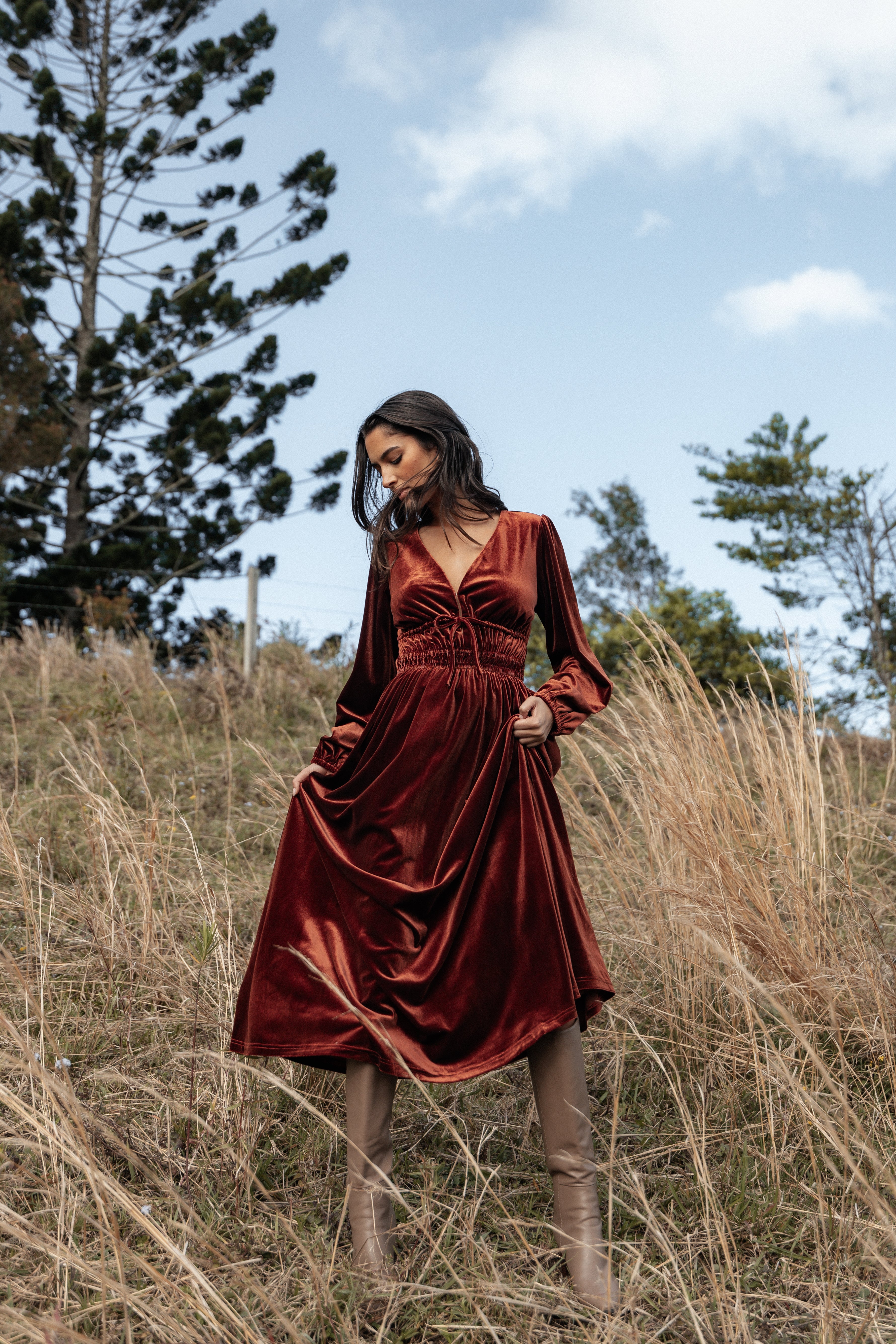 Cece Velvet Long Sleeve Maxi Dress in Rust - Elegant Fall Wedding Guest Dress & Holiday Party Outfit