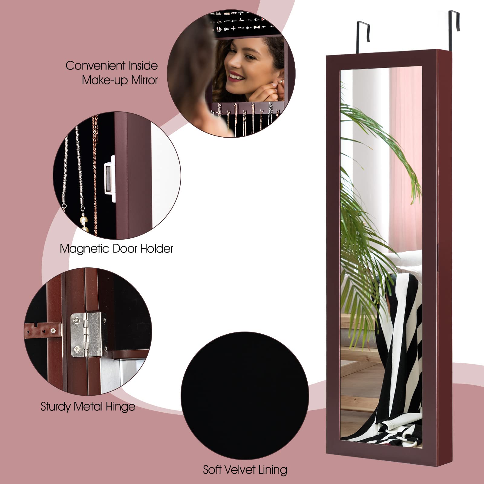 COSTWAY Full Length Mirror Jewelry Cabinet with Makeup Mirror - Wall Mounted Jewelry Organizer with Ring Slots & Necklace Hooks - Large Storage Armoire for Bedroom & Dressing Room (Brown) - Perfect for Vanity, Closet Organization & Home Decor