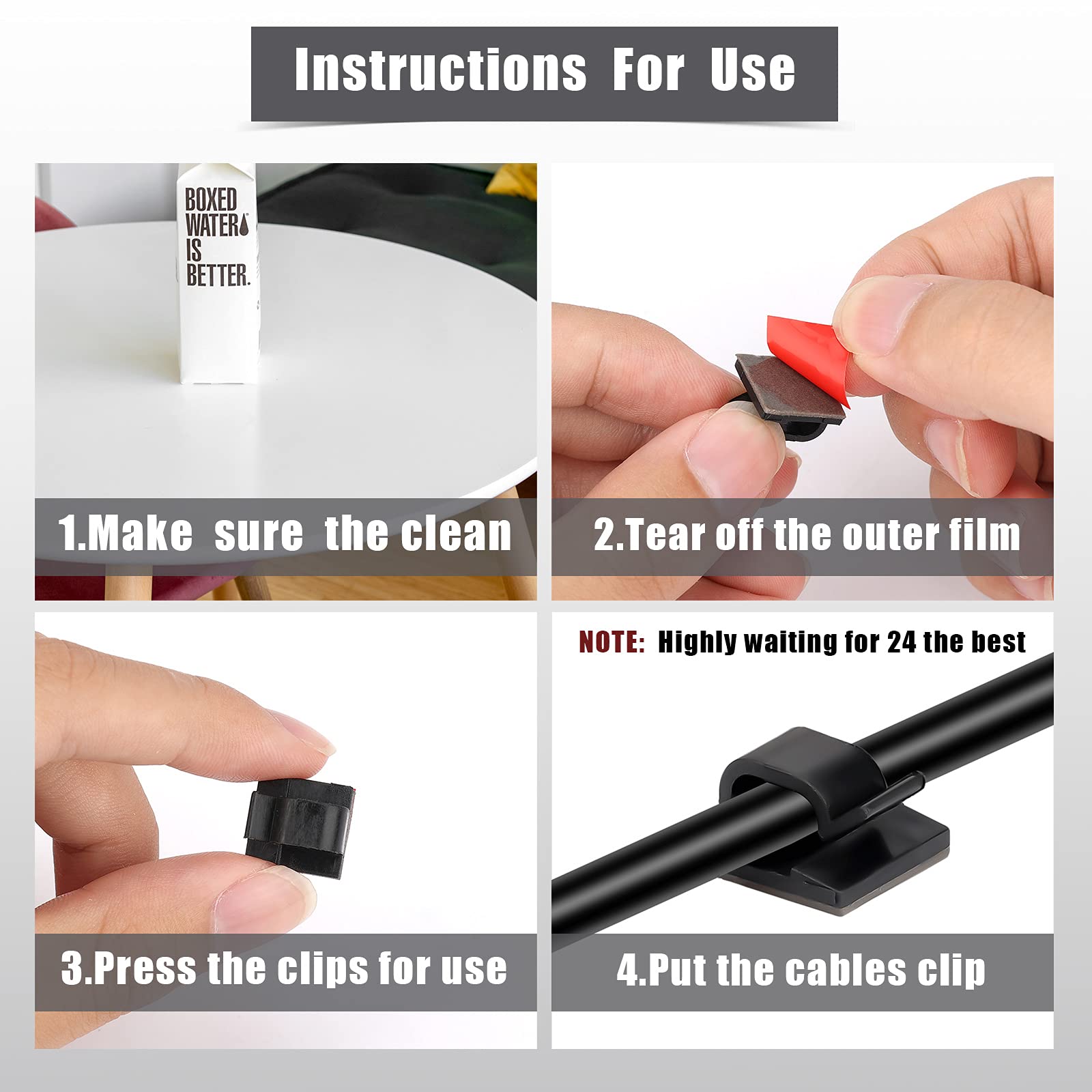 KINBOM 100 Pcs Cable Management Clips - Waterproof Adhesive R-Shaped Cable Organizers for LED String Lights, Home Office & Car Wire Organization (Black) | Perfect for Christmas Decor, Party Lights & Workspace Cable Management