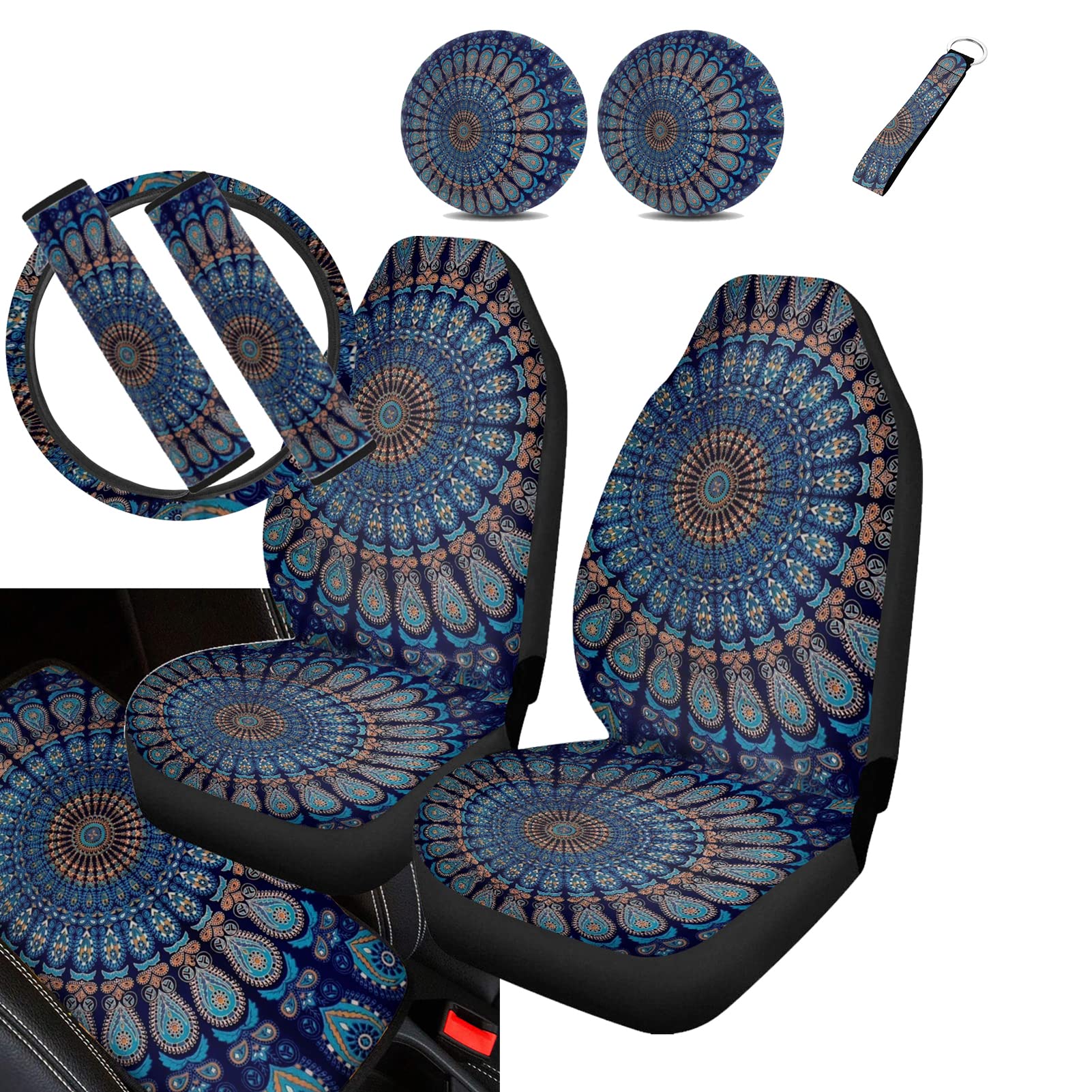 Boho Mandala Floral Car Accessories Full Set for Women - Car Seat Covers, Steering Wheel Cover, Seat Belt Pads & More | Premium Front Seat Protector for Cars & SUVs | Perfect for Road Trips & Daily Commutes
