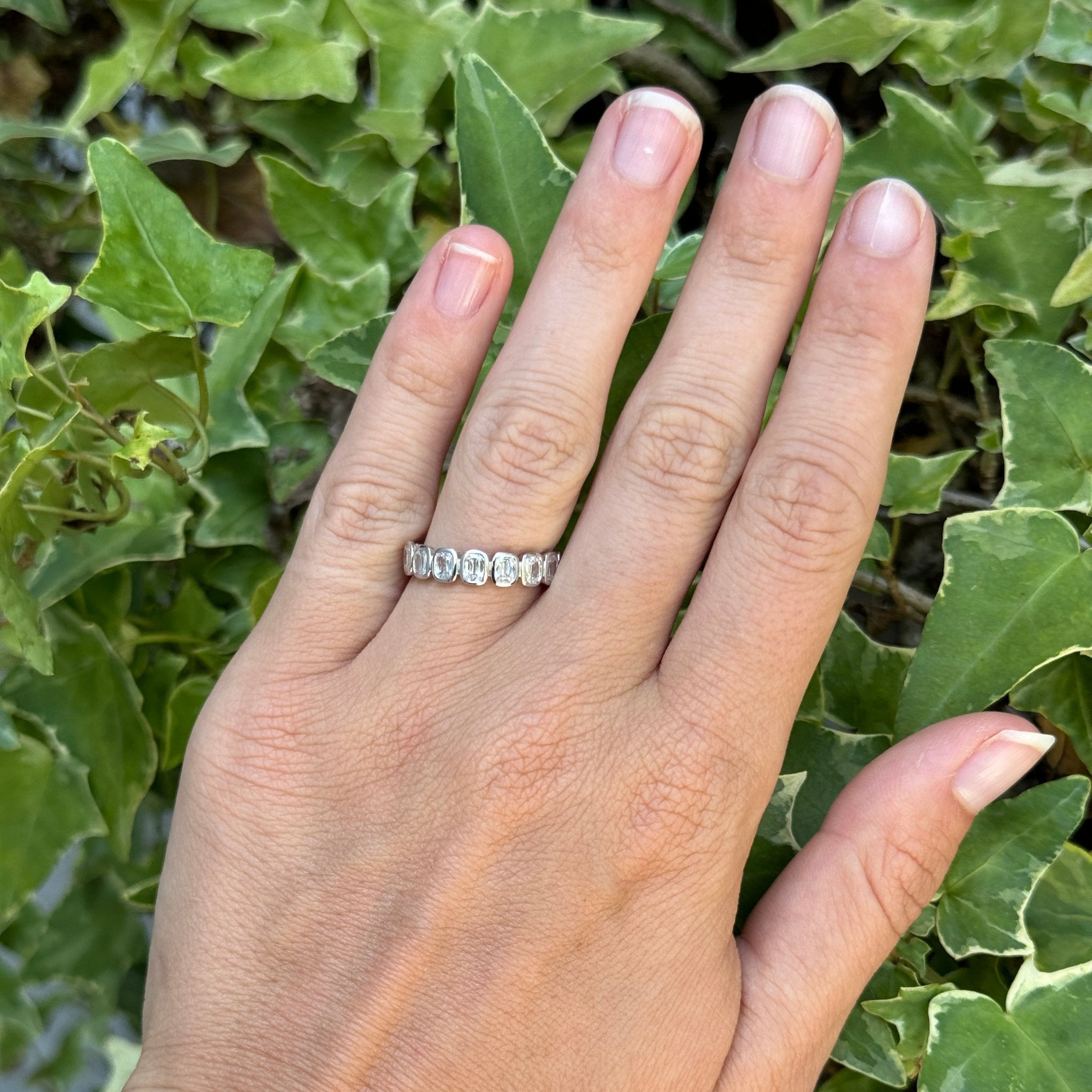 0.85ctw Cushion Cut Diamond Bezel Set 18K White Gold Half Eternity Band Ring for Anniversary & Wedding Gifts