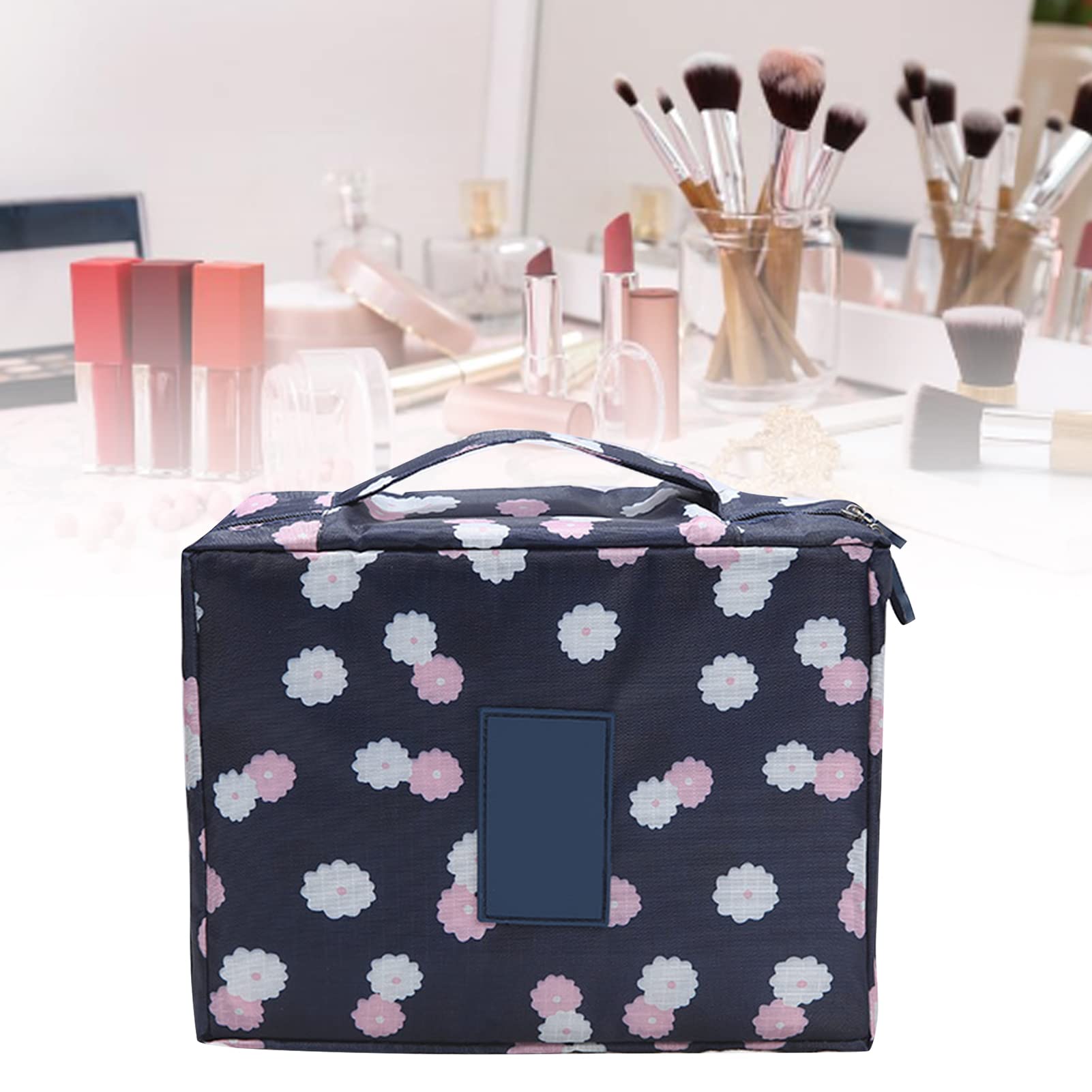 Waterproof Tetragonum Makeup Bag with Sturdy Handle - Travel Cosmetic Organizer for Women, Navy Blue - Perfect for Airplane Carry-on, Gym & Daily Essentials Storage