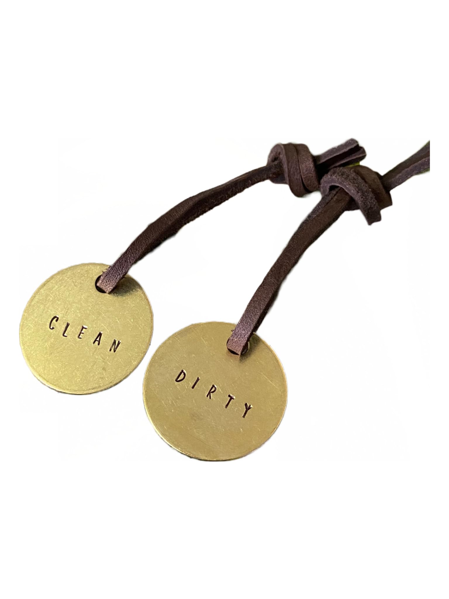 Clean & Dirty Laundry Basket Labels - Set of 2 Brass Metal Tags with Leather Strings - Minimalist Hand-Stamped Organizer for Laundry Room - Perfect for Home Organization & Decor - Ideal for Sorting Clothes in Washer/Dryer Areas