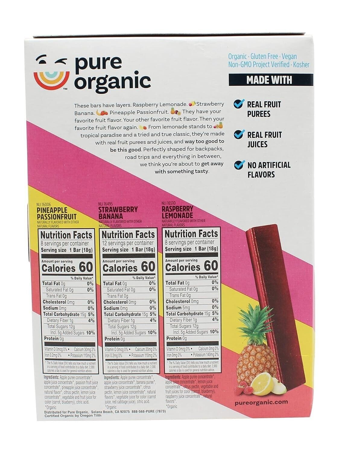 Organic Layered Fruit Bars Variety Pack - Raspberry Lemonade, Strawberry Banana, Pineapple Passionfruit - Healthy Snacks for Kids, Lunch Box, Office & On-the-Go (Pack of 1)