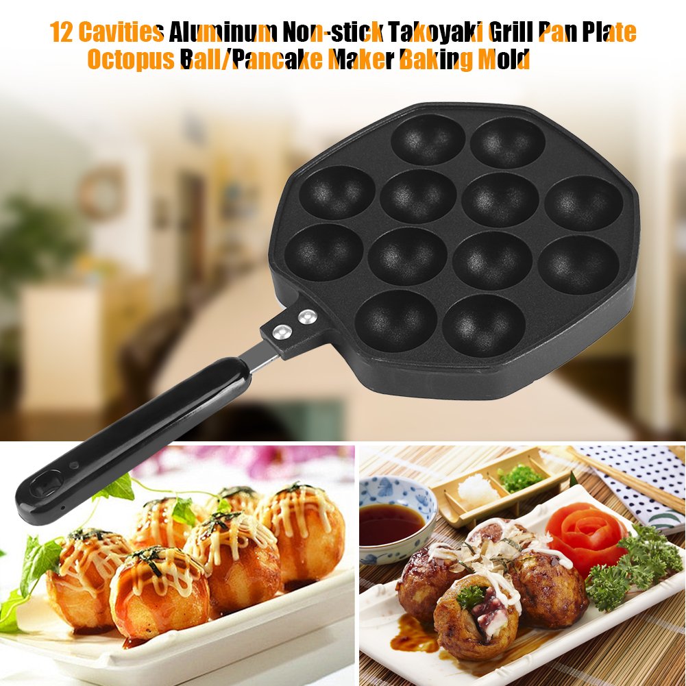 12-Hole Takoyaki Grill Pan - Non-Stick Aluminum Octopus Ball Maker for DIY Japanese Pancakes | Perfect for Home Kitchen, Party Snacks & Street Food Style Cooking | Black