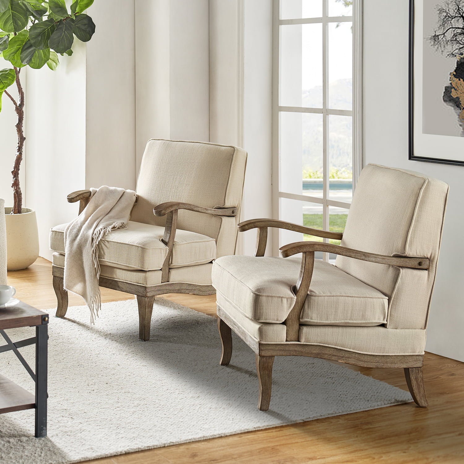 Randolph Farmhouse Upholstered Accent Chair with Wooden Legs - Comfortable Living Room Armchair for Home Decor, Reading Nook & Cozy Sitting Area (Multiple Style Options Available)