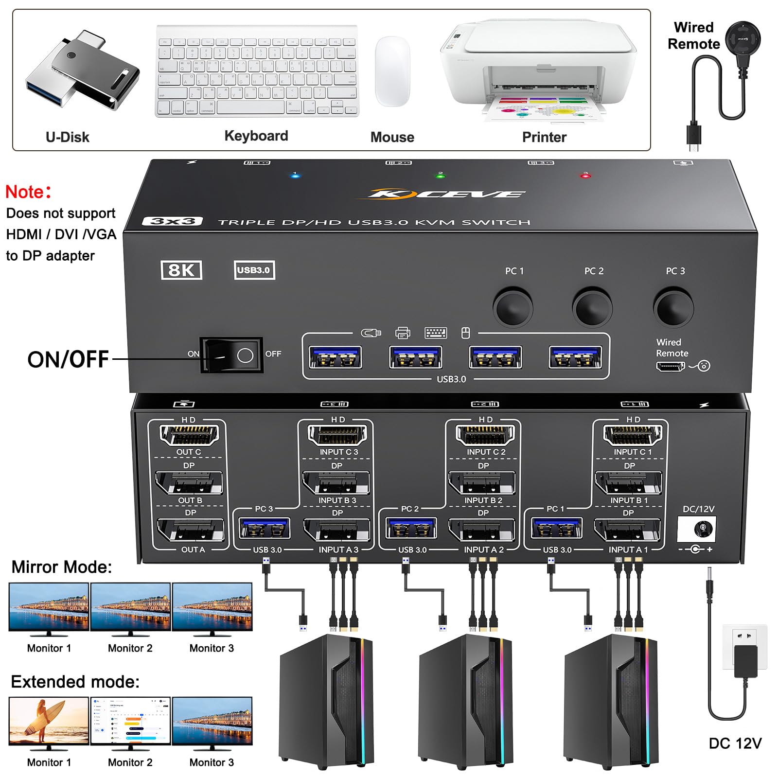 YOUTINGHDAV USB 3.0 KVM Switch for 3 Monitors & 3 Computers - Triple Display with 2 DisplayPort & HDMI Ports, Supports 8K@60Hz & 4K@144Hz - Ideal for Multi-PC Workstations, Gaming Setups & Office Environments