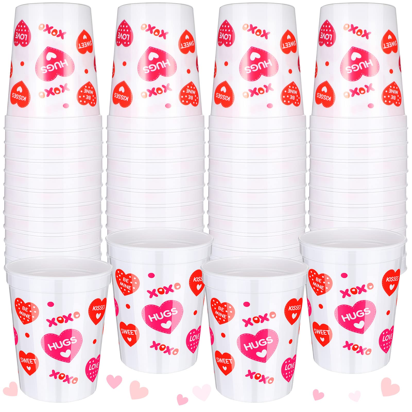 Meanplan 24-Pack 16oz Reusable Plastic Valentine's Day Cups - Pink & Red Heart Print Love Theme Cups for Holiday Parties, Weddings, Anniversaries & Romantic Date Nights