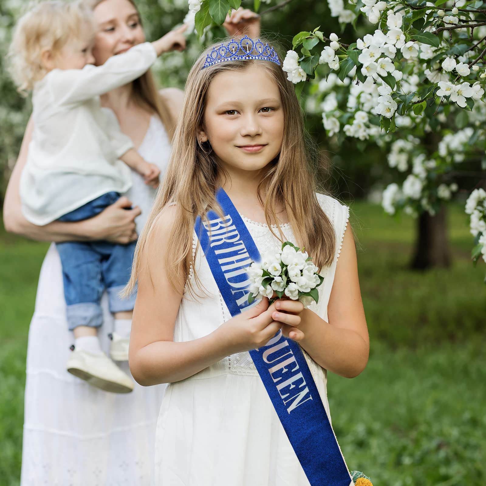 Sparkling Sapphire Birthday Crown & Sash Set for Women - Rhinestone Tiara & Queen Sash Birthday Party Accessories - Perfect for Birthday Celebrations, Bachelorette Parties, and Special Occasions