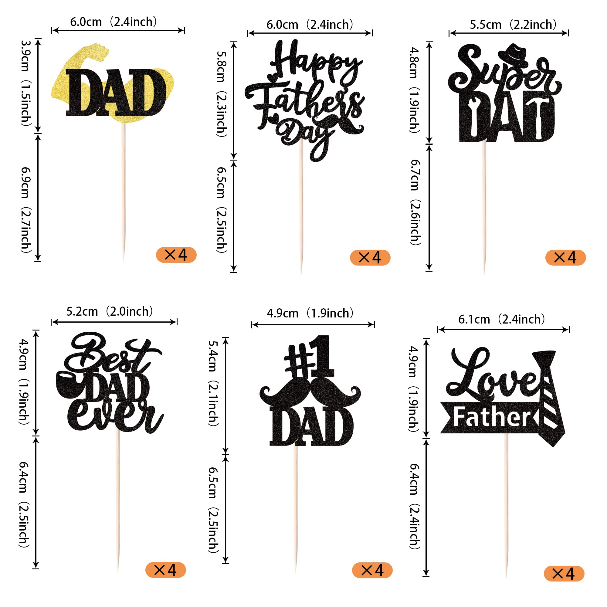 24 Pack Happy Father's Day Cupcake Toppers - Glitter #1 Dad Ever Cake Decorations with Tie, Mustache, Hat & Glass Picks - Perfect for Father's Day Parties, Men's Birthday Celebrations & DIY Cake Decorating
