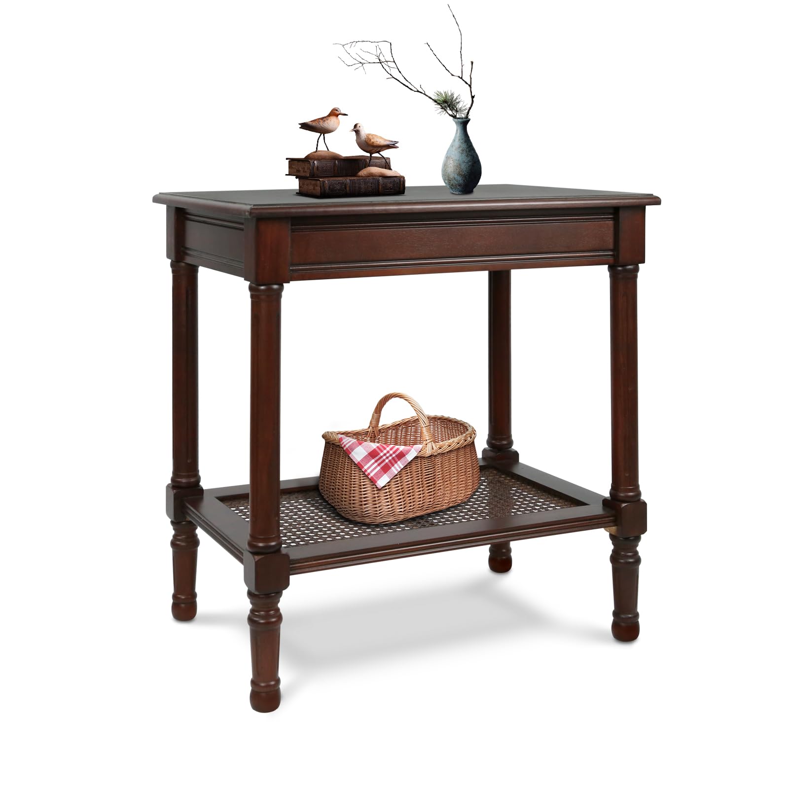 Urbanest Jamestown Side Table with Rattan Shelf - Cherry Finish Accent Table for Living Room, Bedroom or Patio