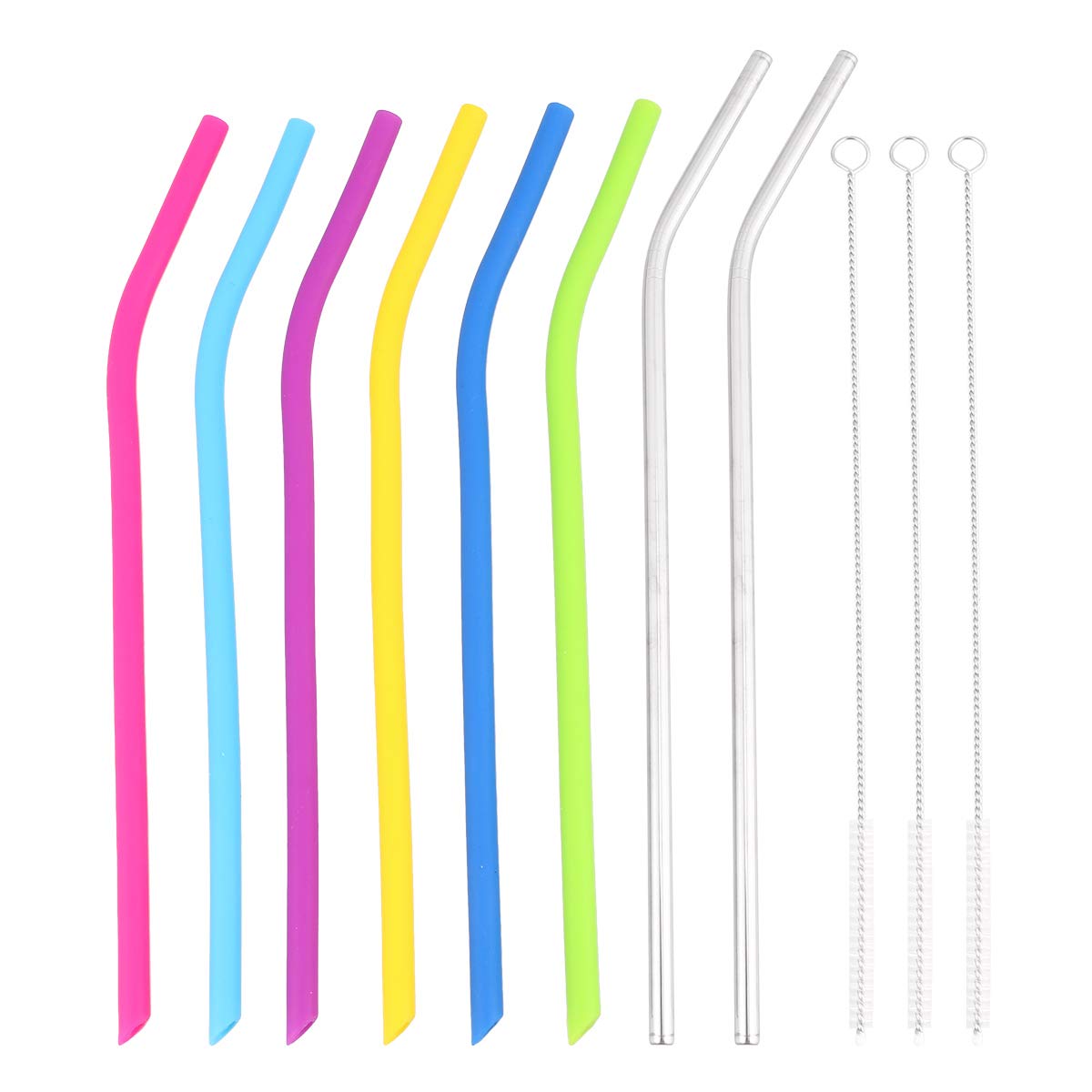 DOITOOL 11-Piece Reusable Silicone & Stainless Steel Straw Set - Eco-Friendly Drinking Straws for Bubble Tea, Smoothies, Iced Coffee - Includes 6 Silicone Straws, 2 Metal Straws & 3 Cleaning Brushes (BPA-Free, Dishwasher Safe) - Perfect for Home, Office, Travel & Parties