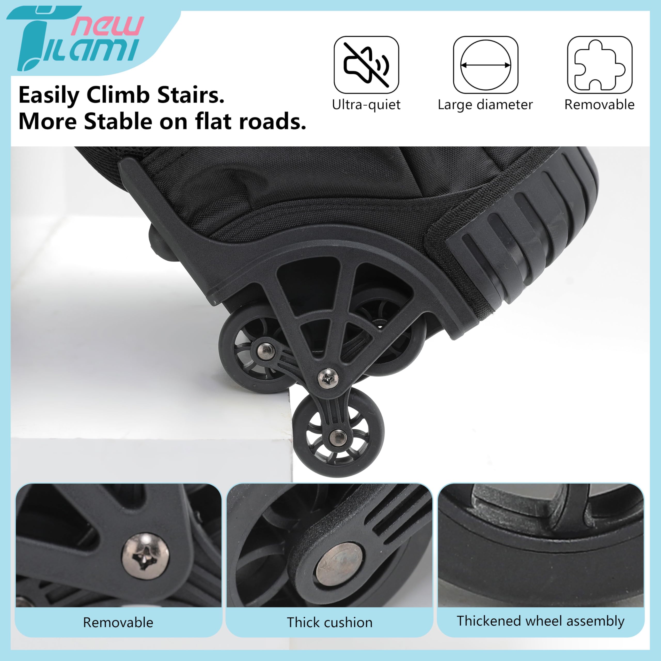 TILAMI 18-Inch Black Rolling Backpack for Kids - Adjustable Laptop Backpack with Wheels for School, Travel & Camping - Durable Rolling Backpack for Boys & Girls - Perfect for Commuting, Air Travel & Outdoor Adventures
