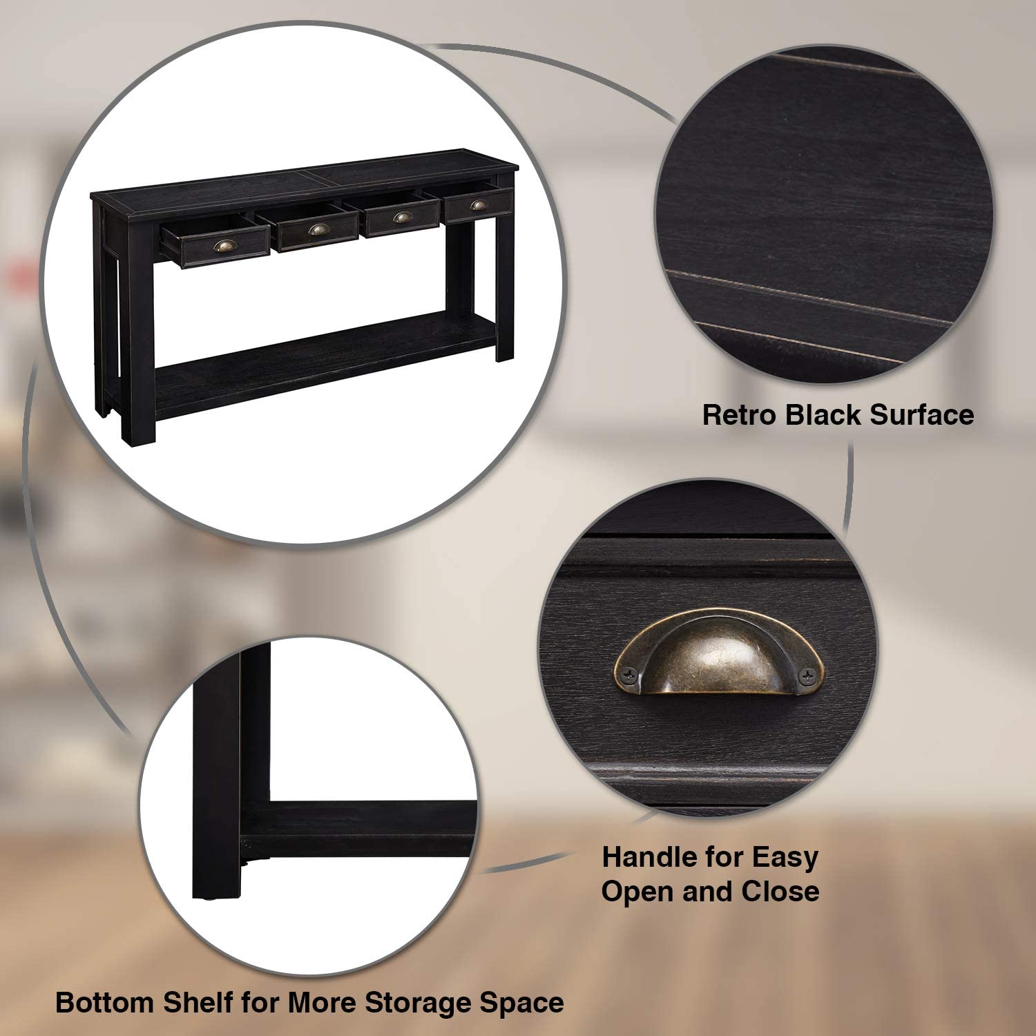 Kinbor Wooden Sofa Console Table with 4 Drawers & Storage Shelf - Entryway, Hallway & Living Room Furniture - Perfect for Small Space Organization & Home Decor