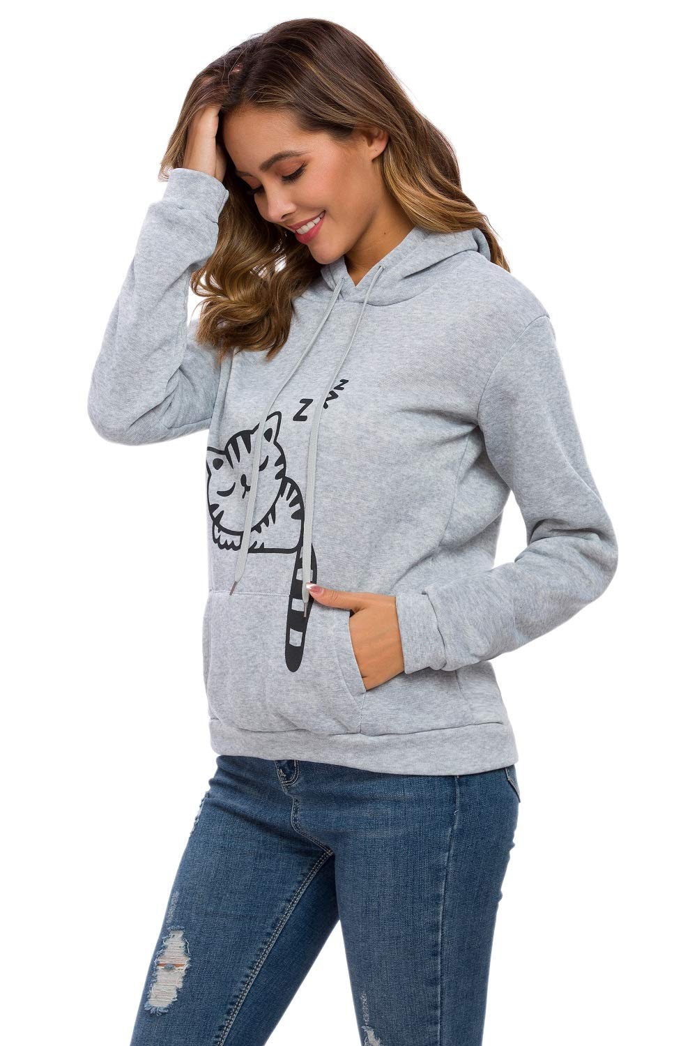 Cute Cat Ear Hoodie for Women & Teen Girls - Soft Pullover Sweatshirt with Sleeping Cat Print - Cozy Lounge Wear for Sleepovers & Casual Outings