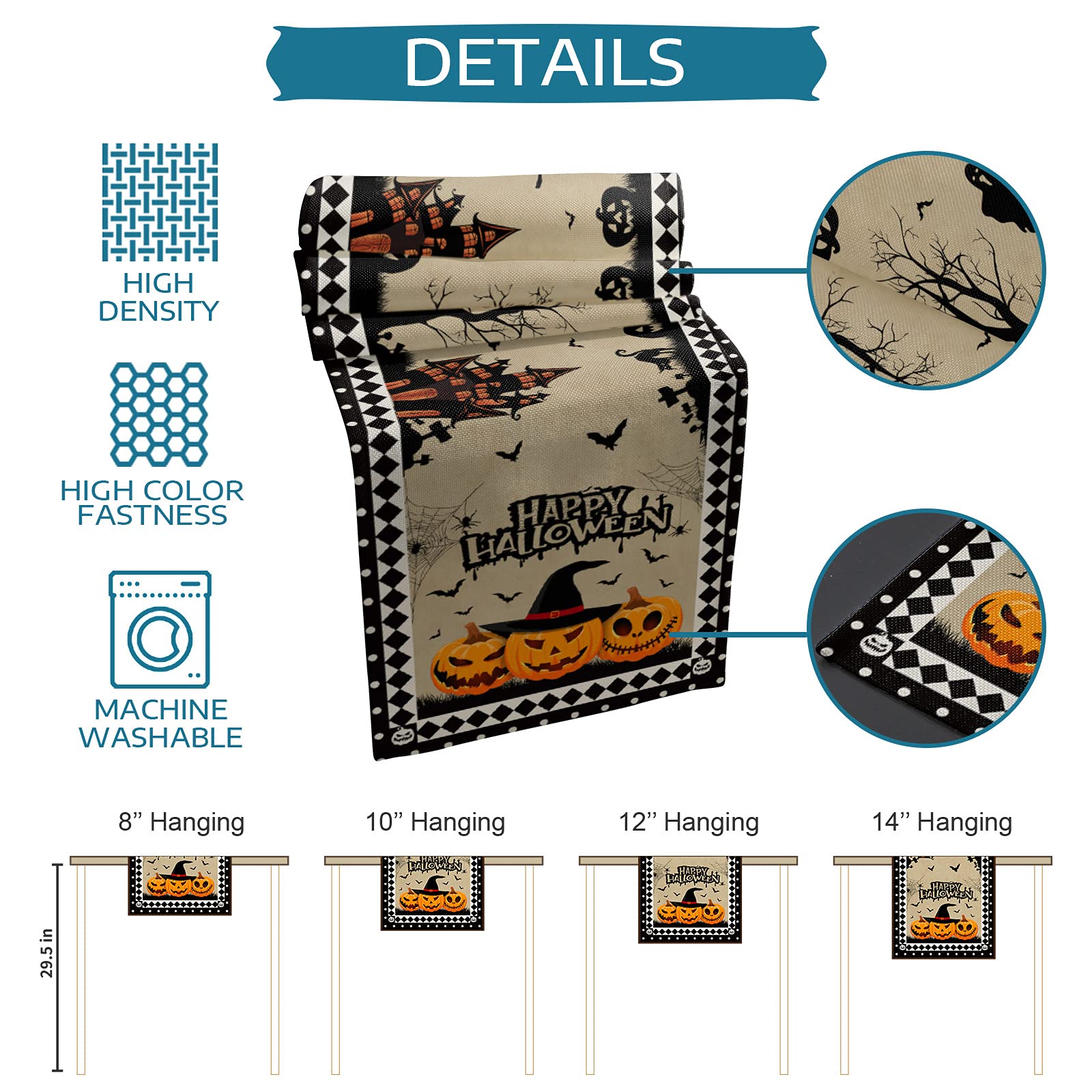 108 Inch Halloween Table Runner - Haunted House Pumpkin Design, Taupe Checkered Kitchen Dining Decor for Coffee Table, Holiday Party & Banquet | Perfect for Halloween Parties, Thanksgiving Dinners & Fall Home Decor