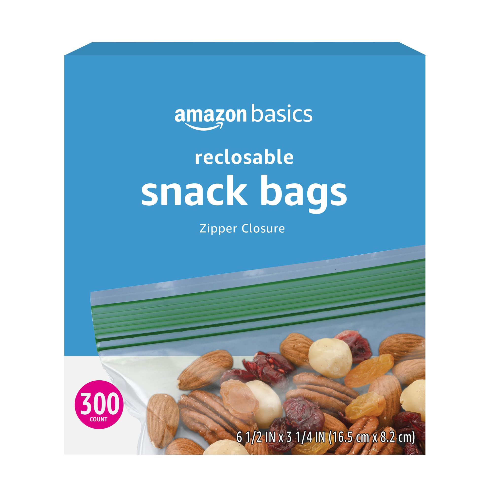 Amazon Basics Reusable Snack Storage Bags - 300 Count BPA-Free Food Grade Ziplock Bags for Lunch, Meal Prep, Travel & On-the-Go Snacks