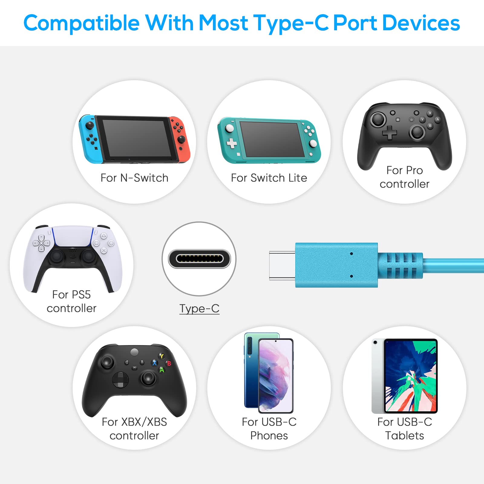 Fast Charging USB C Cable for Nintendo Switch/Switch Lite/Switch OLED/PS5/Xbox Series Controller - 9.8ft Durable Braided Cord Compatible with Samsung Galaxy S9/S8/Note 8 & Other USB C Devices - Blue | Perfect for Gaming, Travel & Home Charging