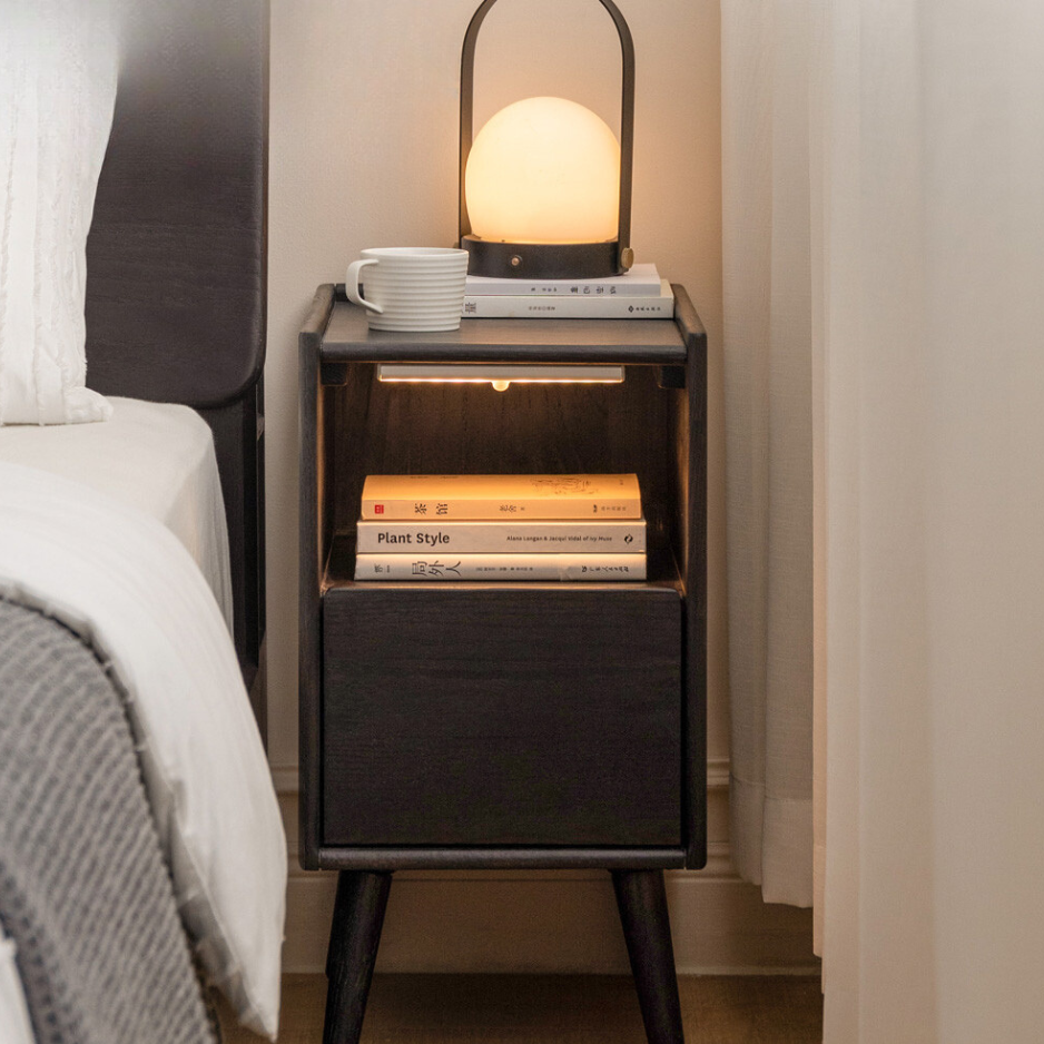Solid Oak Wood Ultra Narrow Nightstand with Soft Light Sensor - Perfect for Small Bedrooms, Apartments, and Cozy Spaces