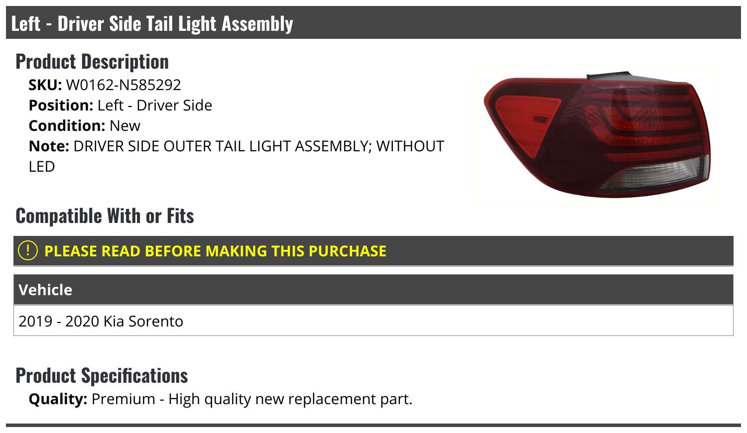 2019-2020 Kia Sorento Left Driver Side Outer Tail Light Assembly - Non-LED Replacement Part - Perfect for Night Driving & Enhanced Vehicle Safety